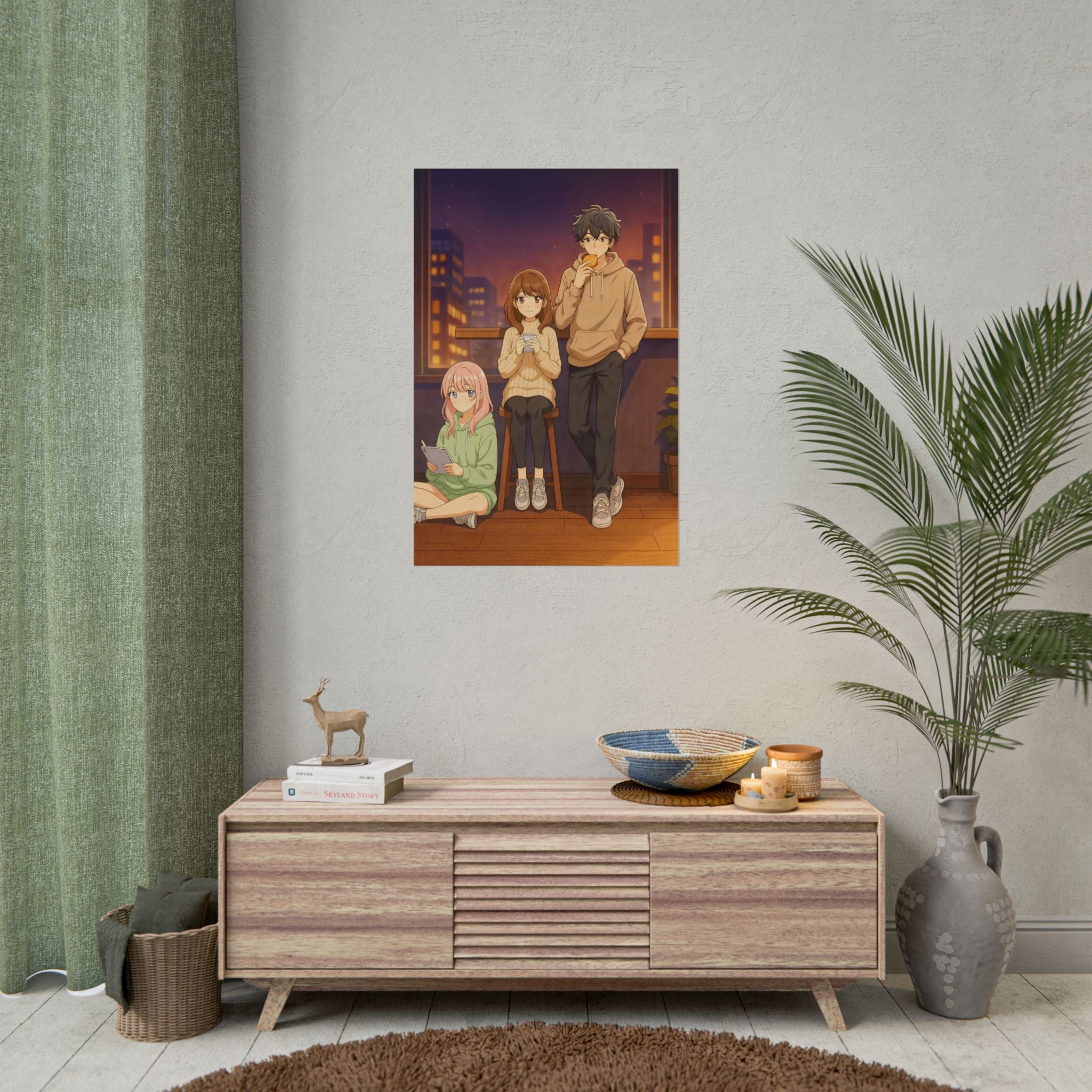 Cozy Anime Friends Poster Cute Nighttime Room Wall Art for Fans and Collectors