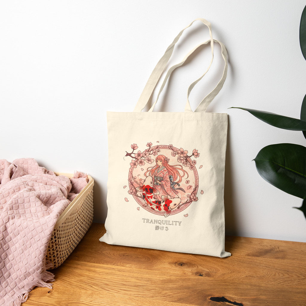 Tranquility Anime Tote Bag Sakura Koi Japanese Aesthetic Calm Anime Shopper Bag