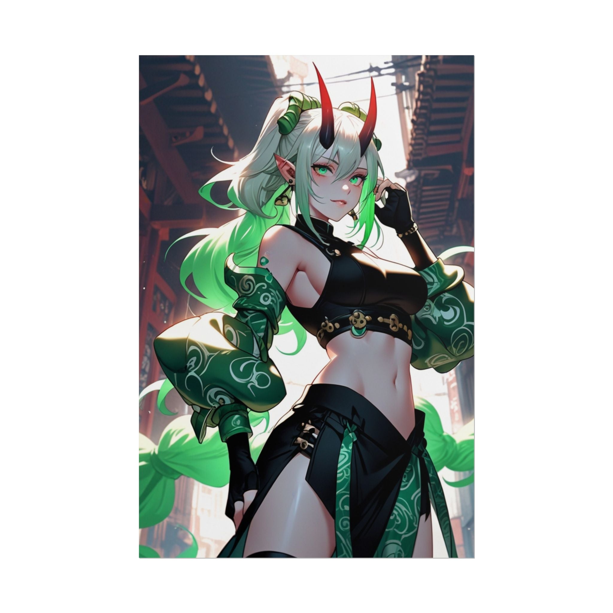 Green Demon Girl Anime Poster – Neon Oni Pin Up Wall Art, Japanese Yokai Fantasy Print, Horned Anime Girl Collector Poster, Horror Aesthetic Decor | Epic Anime Apparel