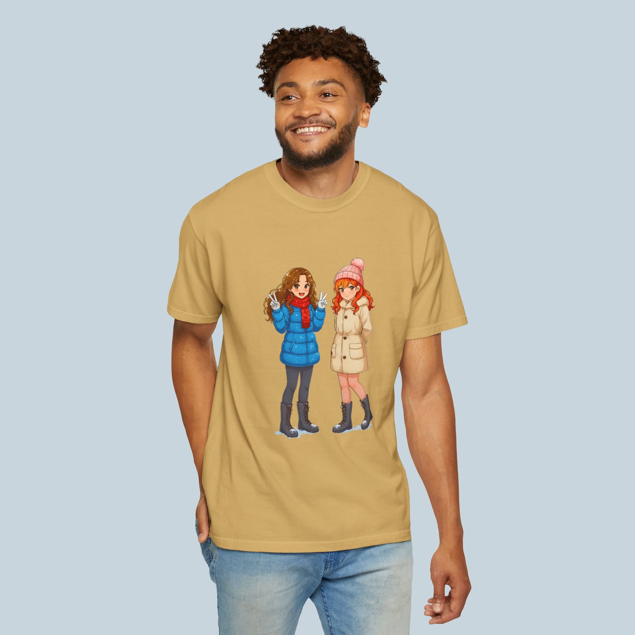 Cute Winter Anime Girls T-Shirt Cozy Slice of Life Tee for Anime Fans and Collectors