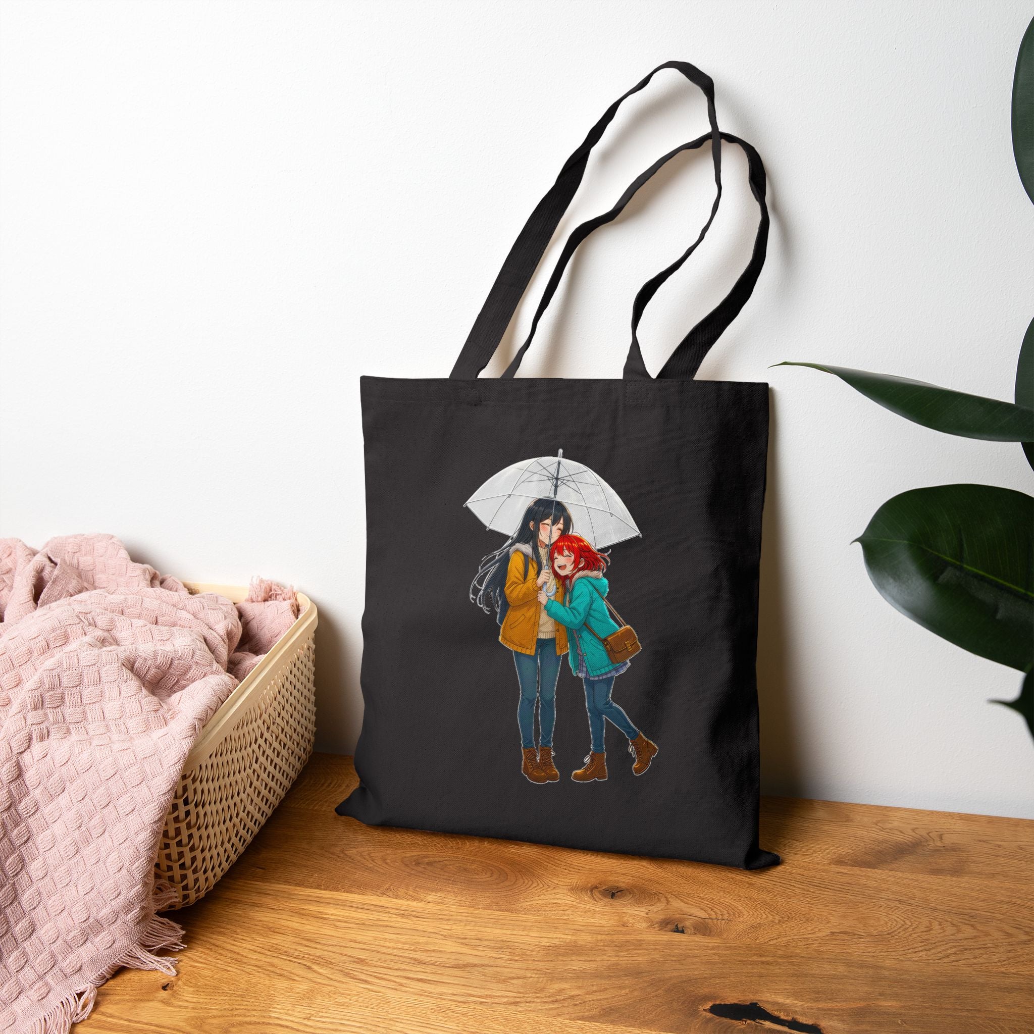 Anime Tote Bag Cute Couple in Rain Cozy Aesthetic Canvas Gift for Anime Fans