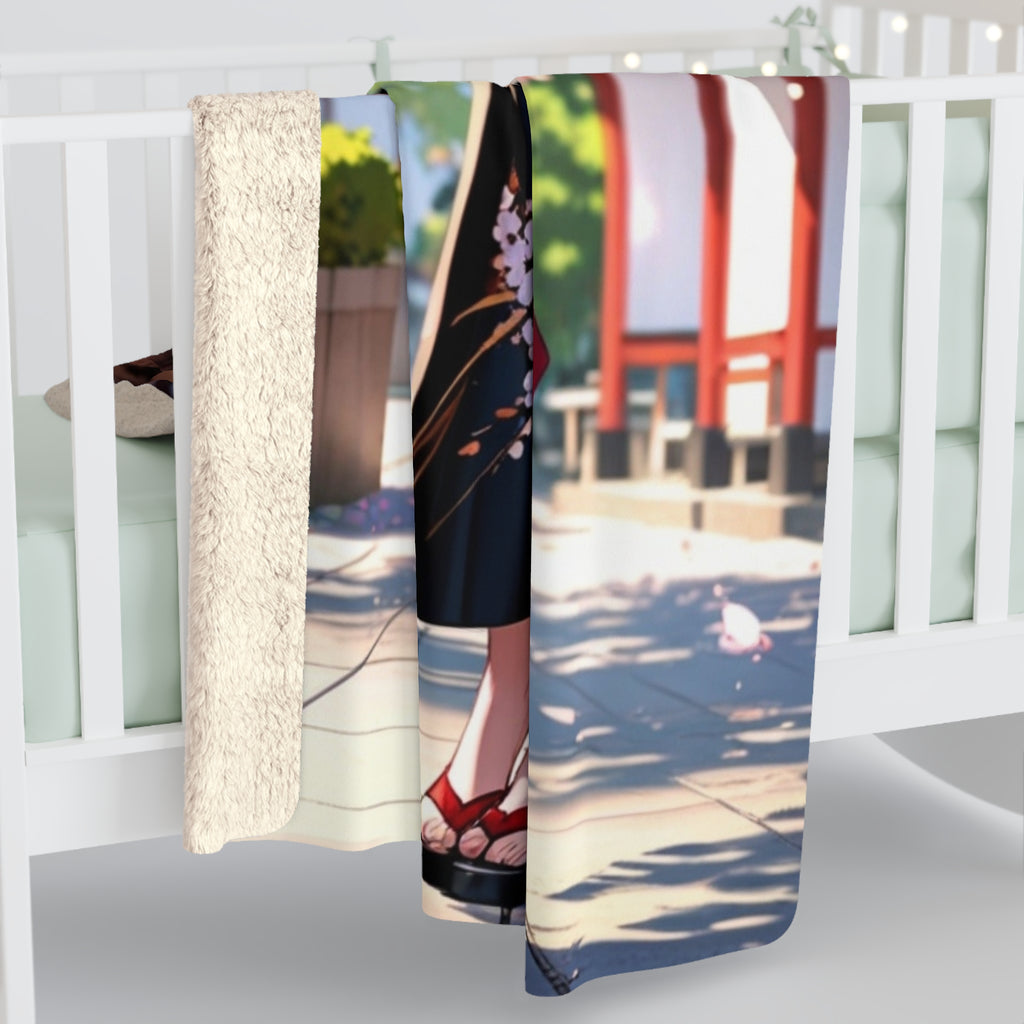 Anime Kimono Sakura Sherpa Blanket — Cozy Japanese Garden Throw