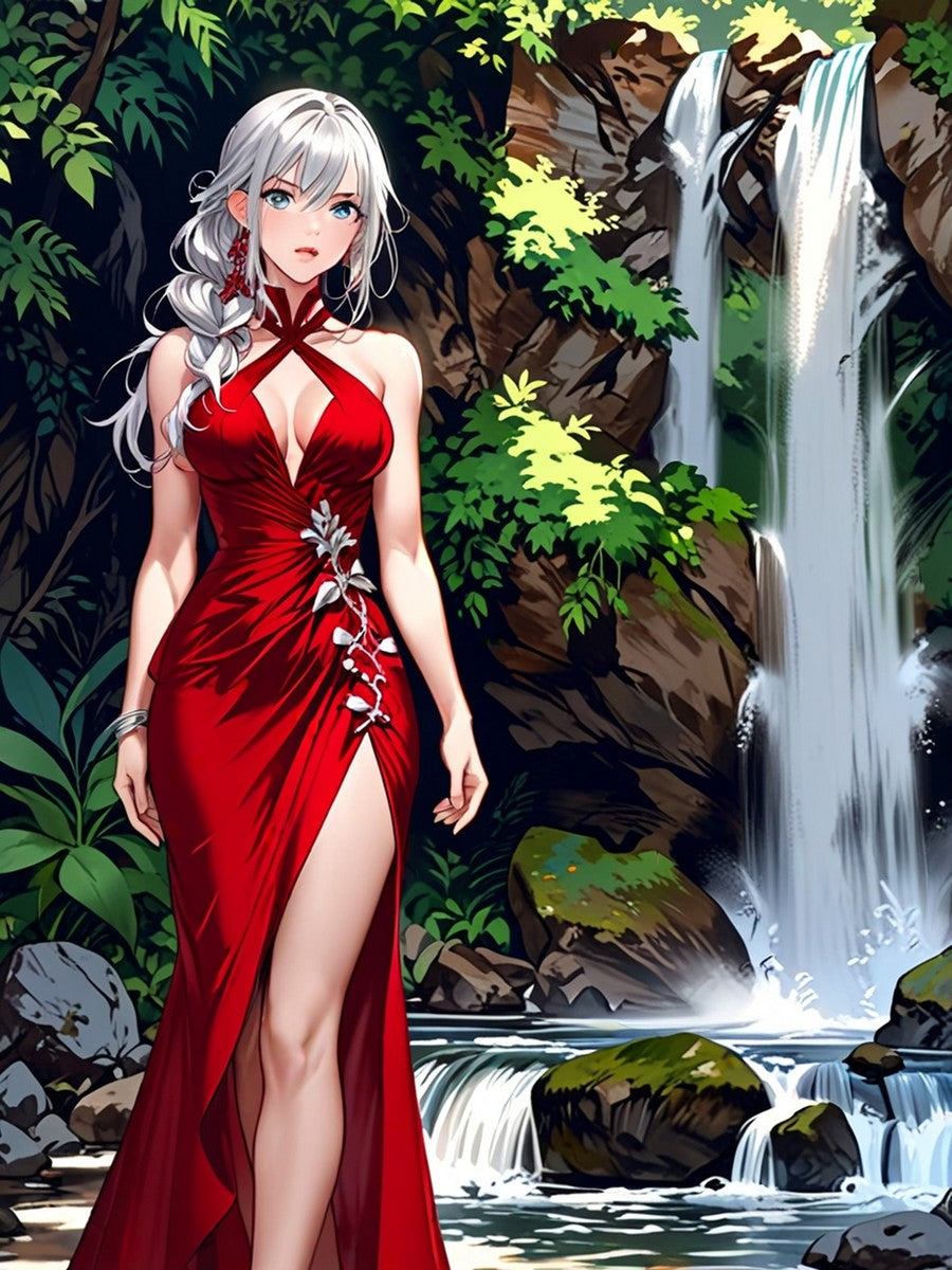 Elegant Red Dress Anime Girl Sherpa Blanket Fantasy Waterfall Cozy Gift for Anime Lovers