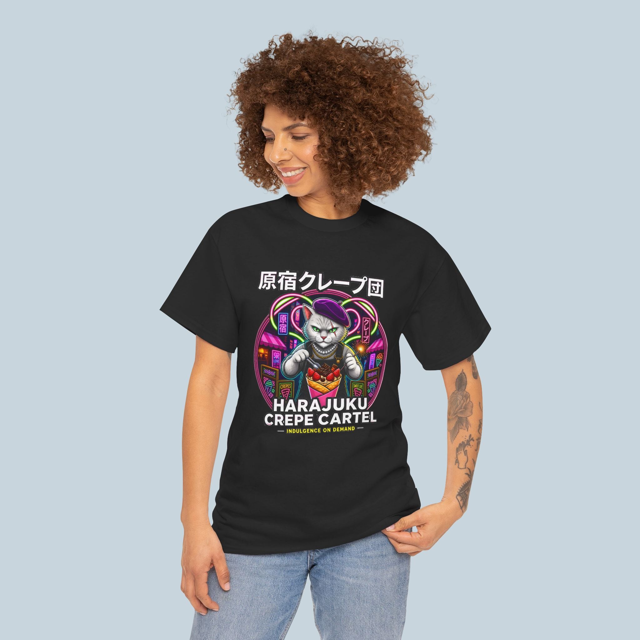 Harajuku Crepe Cartel T-Shirt Neon Japanese Streetwear Cat Graphic Tee Tokyo Anime Style Shirt Foodie Fashion Gift