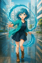 Aqua Spirit Anime Girl Poster | Water Power Wall Art | Elemental Magic Aesthetic | Blue Teal Urban Fantasy Decor | Epic Anime Apparel