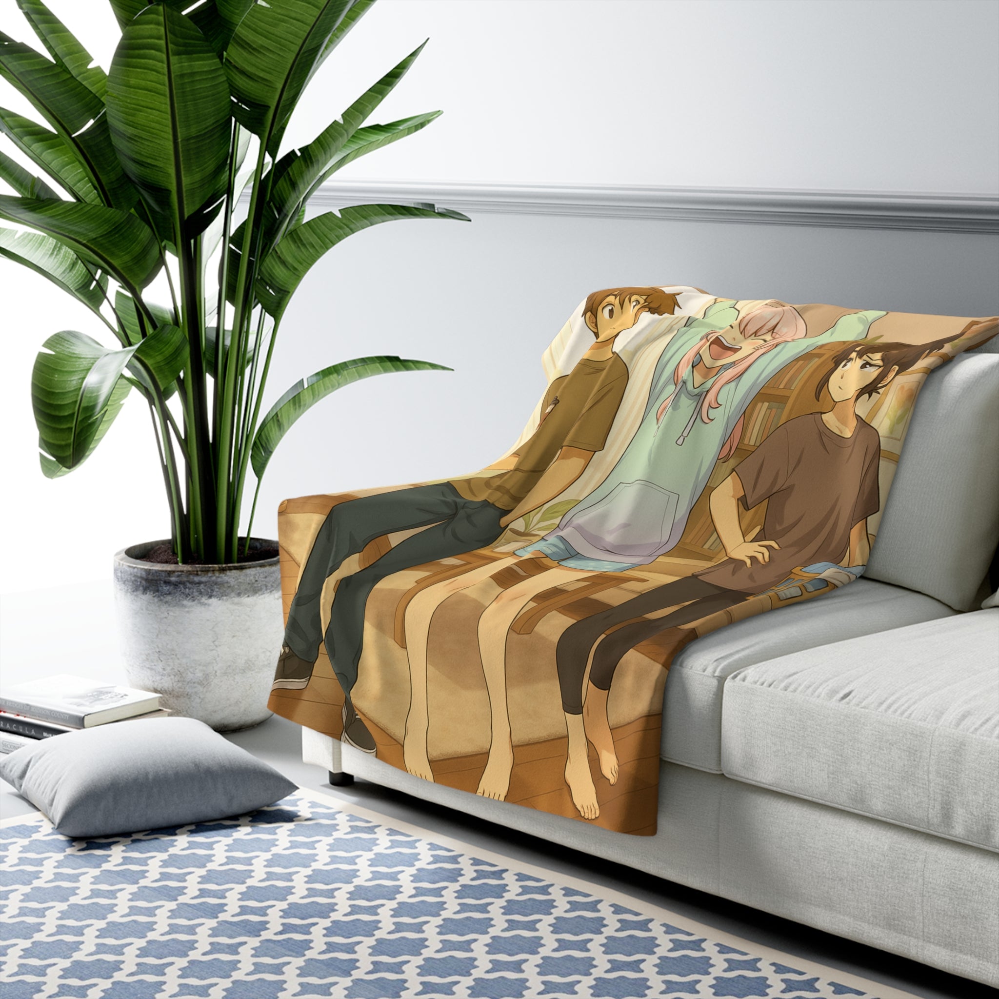 Anime Friends Cozy Sherpa Blanket Cute Living Room Scene Gift