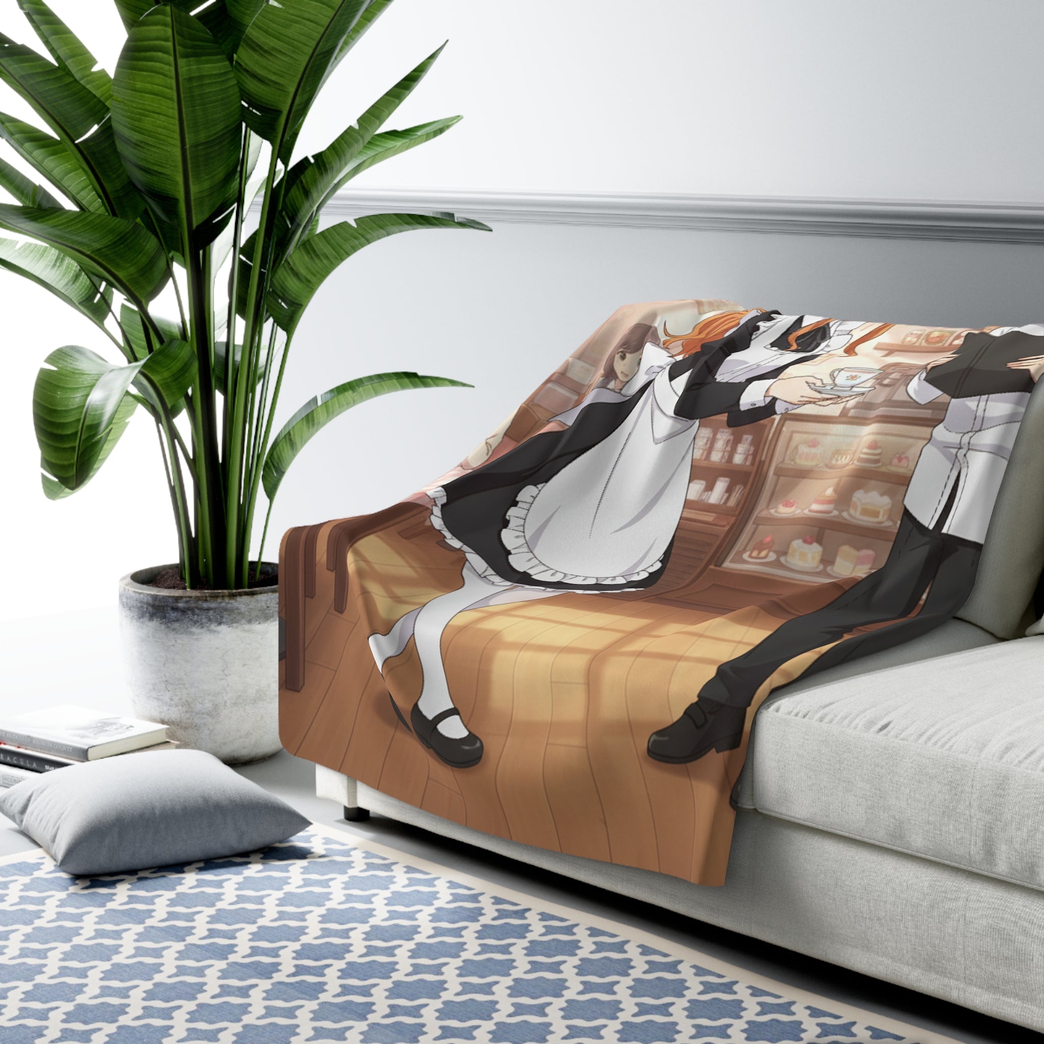 Maid Cafe Anime Sherpa Blanket Cozy Kawaii Waitress Scene Soft Fleece Throw Cute Japanese Manga Gift for Anime Lovers