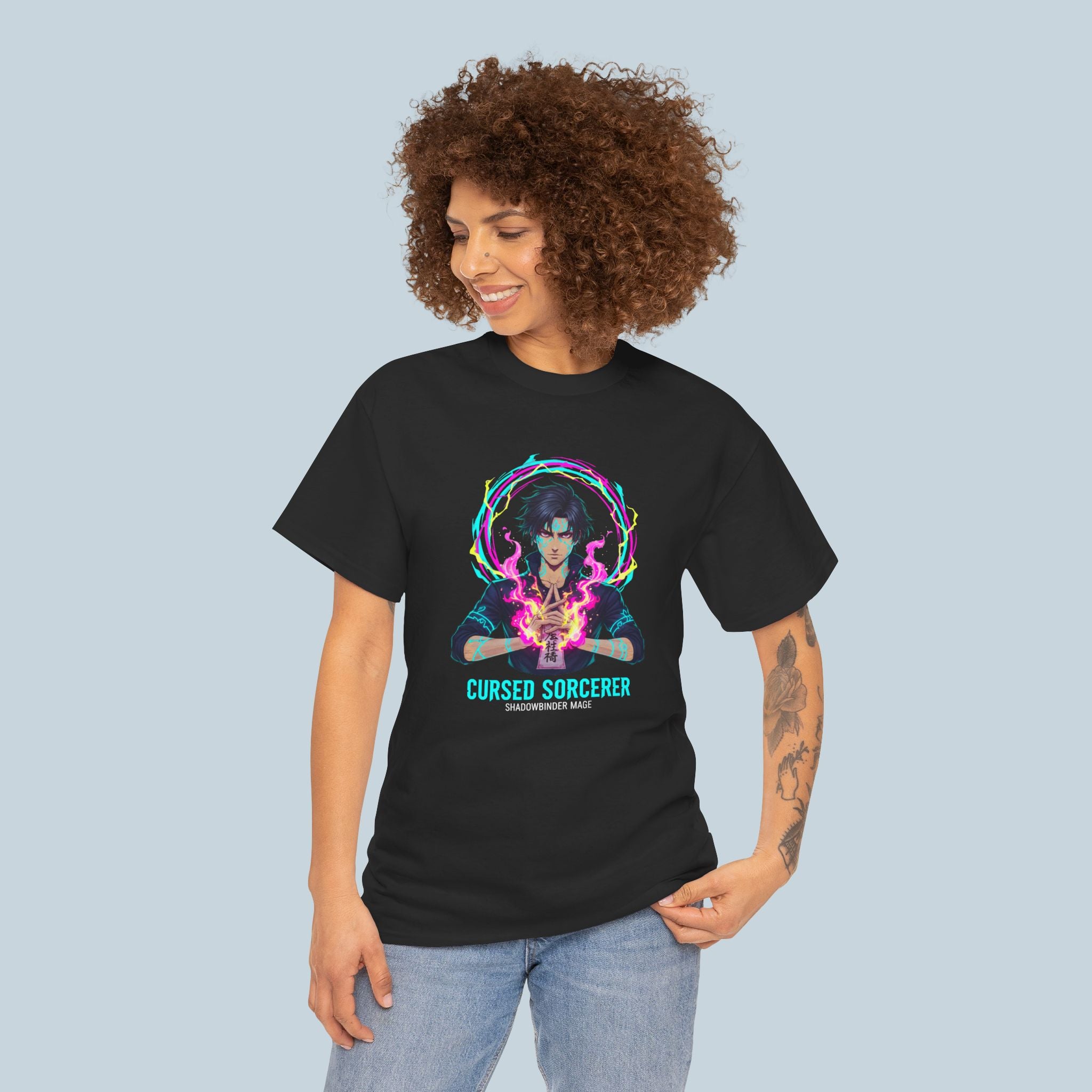 Cursed Sorcerer Anime T Shirt Shadow Mage Dark Fantasy Streetwear Neon Magic Shirt Gift for Anime Fans