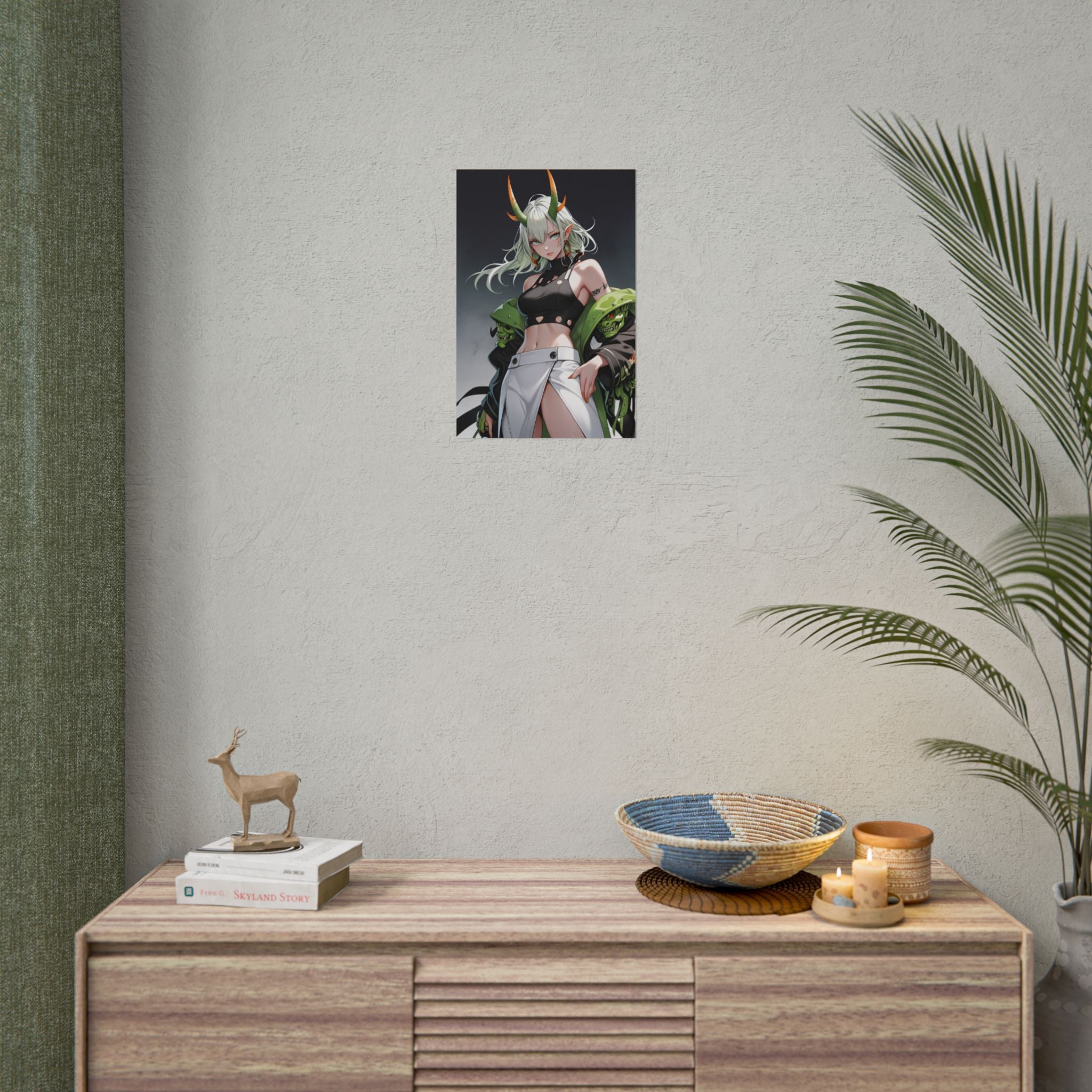 Green Oni Demon Girl Anime Poster – Horror Pin Up Wall Art, Toxic Yokai Streetwear Fantasy Print, Horned Anime Girl Collector Poster | Epic Anime Apparel