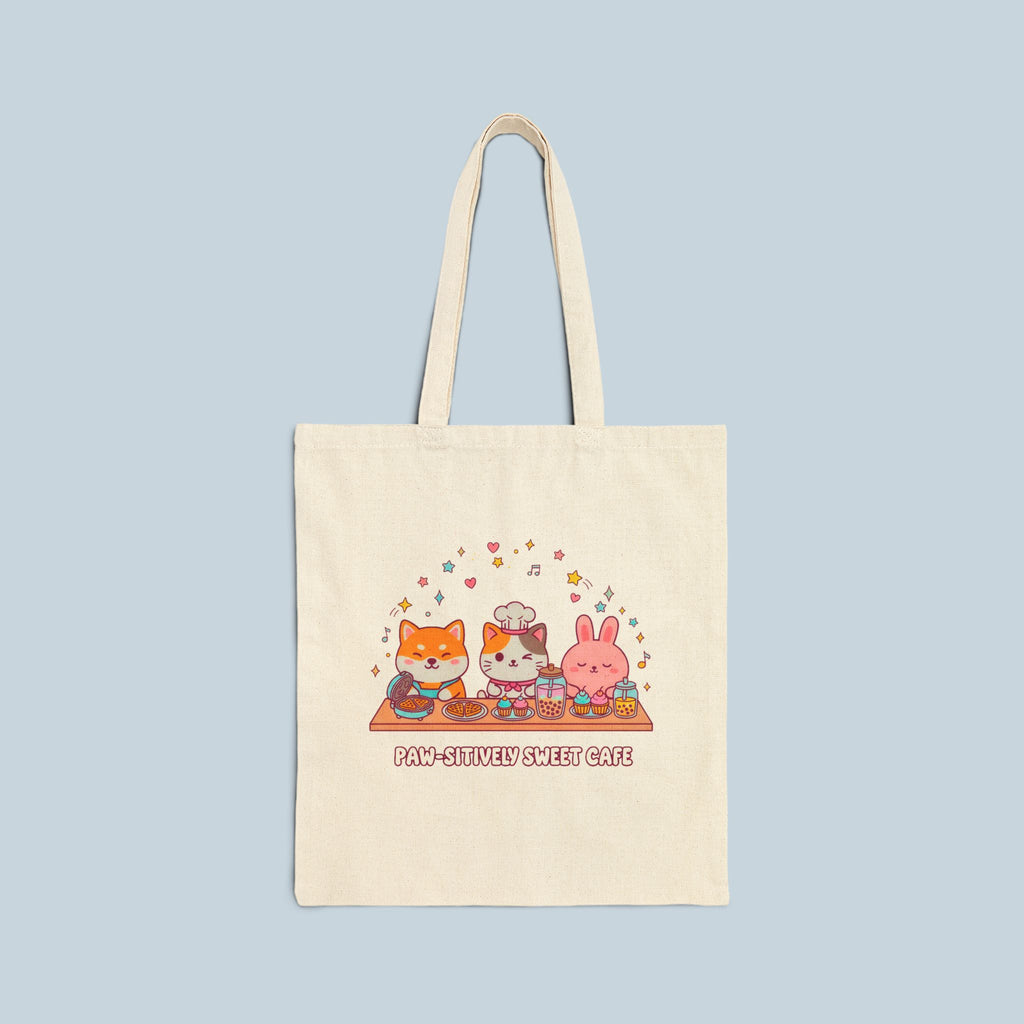 Kawaii Picnic Cute Characters Cotton Canvas Tote — Cat, Cake Friend & Bunny Design