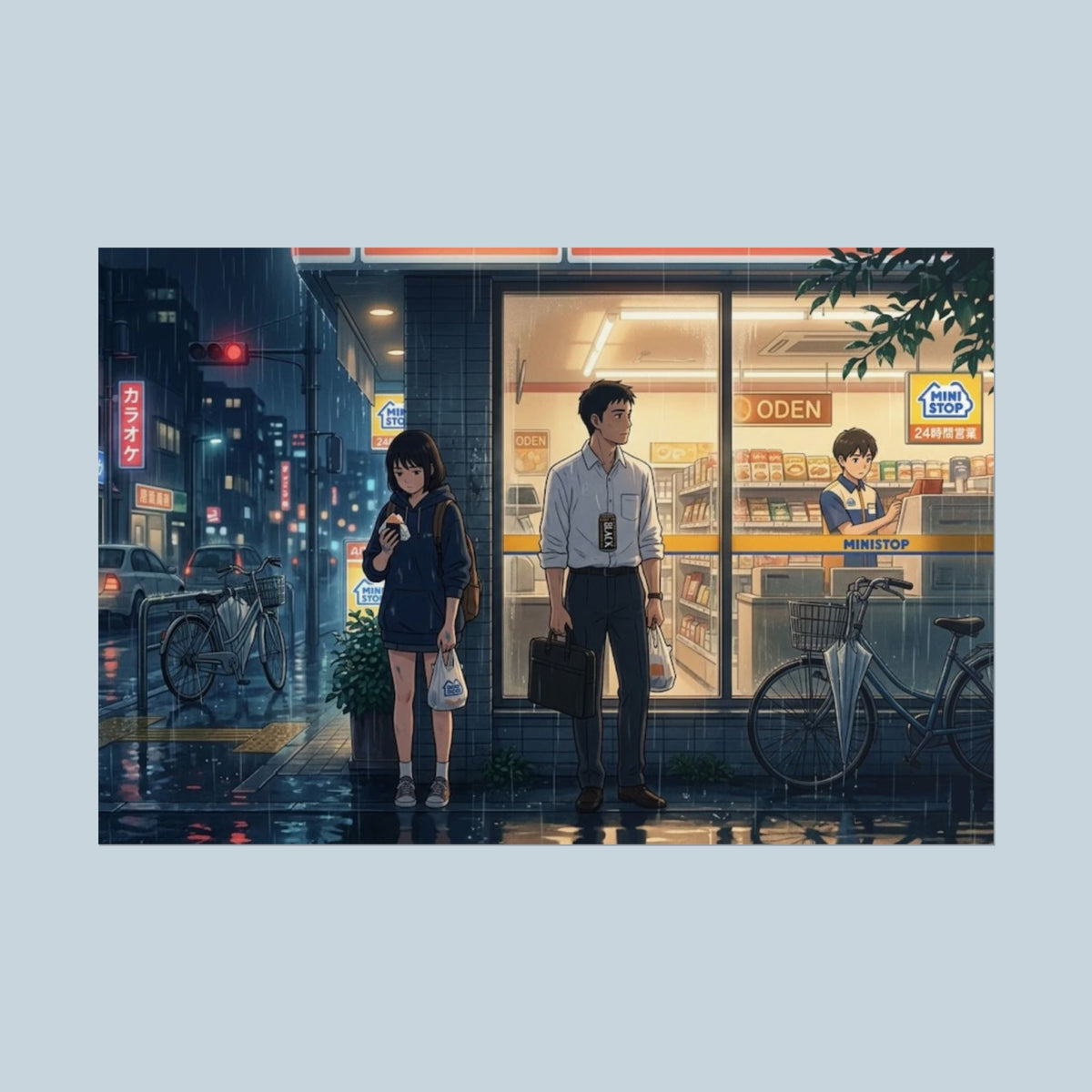 Rainy Convenience Store Evening Anime Slice of Life Poster