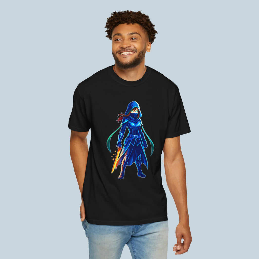 Epic Anime Elf T‑Shirt – Glowing Blue Rogue Hero Design – Fantasy Anime Streetwear Shirt for Gamers & Fans