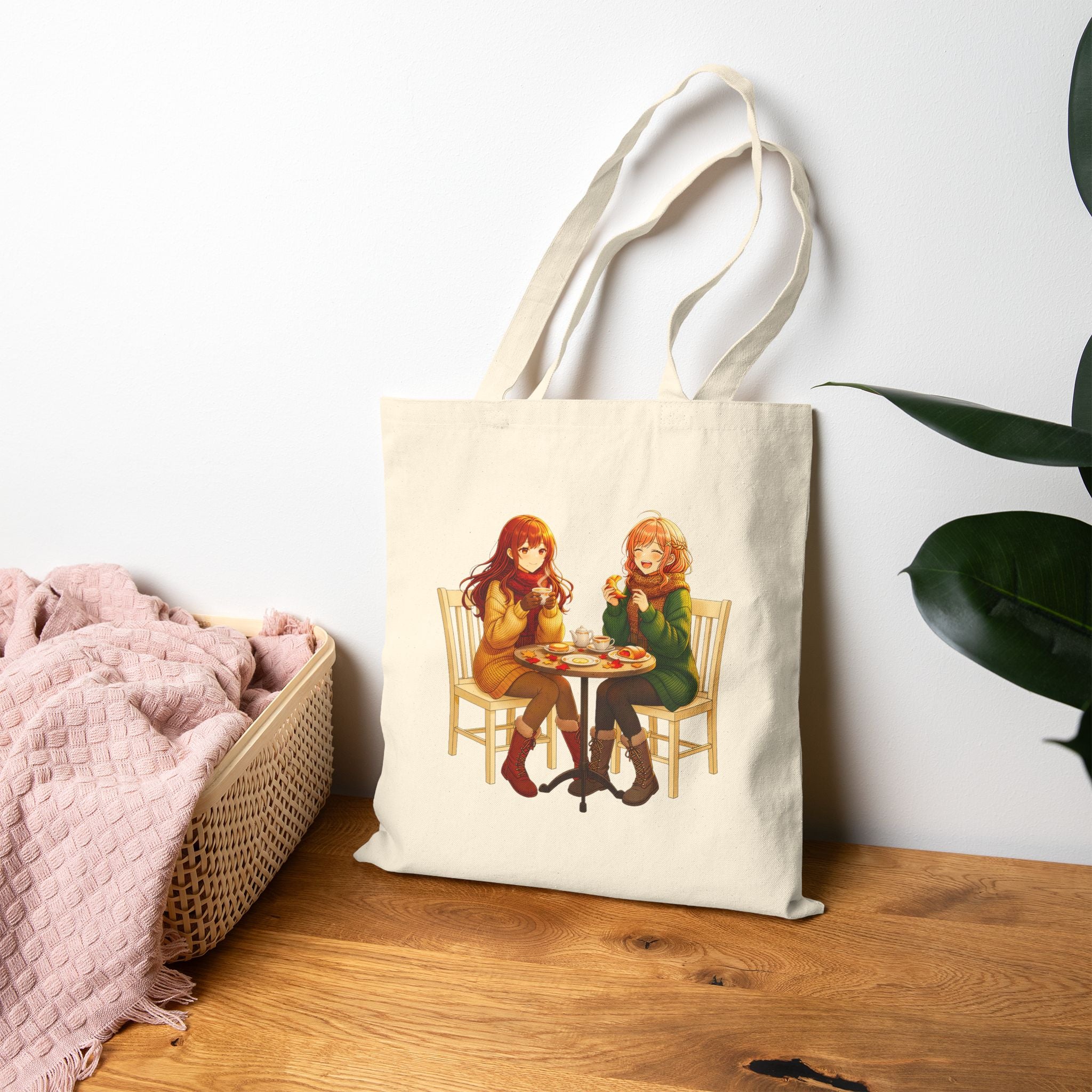 Anime Café Girls Tote Bag Kawaii Autumn Foodie Gift for Anime Fans Cozy Japanese Style Cotton Shopping Bag