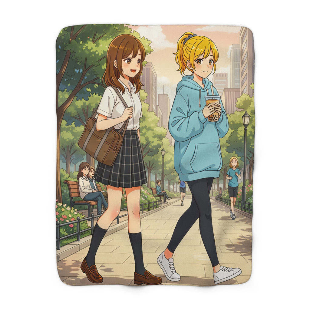 Cherry Blossom Walk Anime Sherpa Blanket – Cozy Slice of Life Park Scene