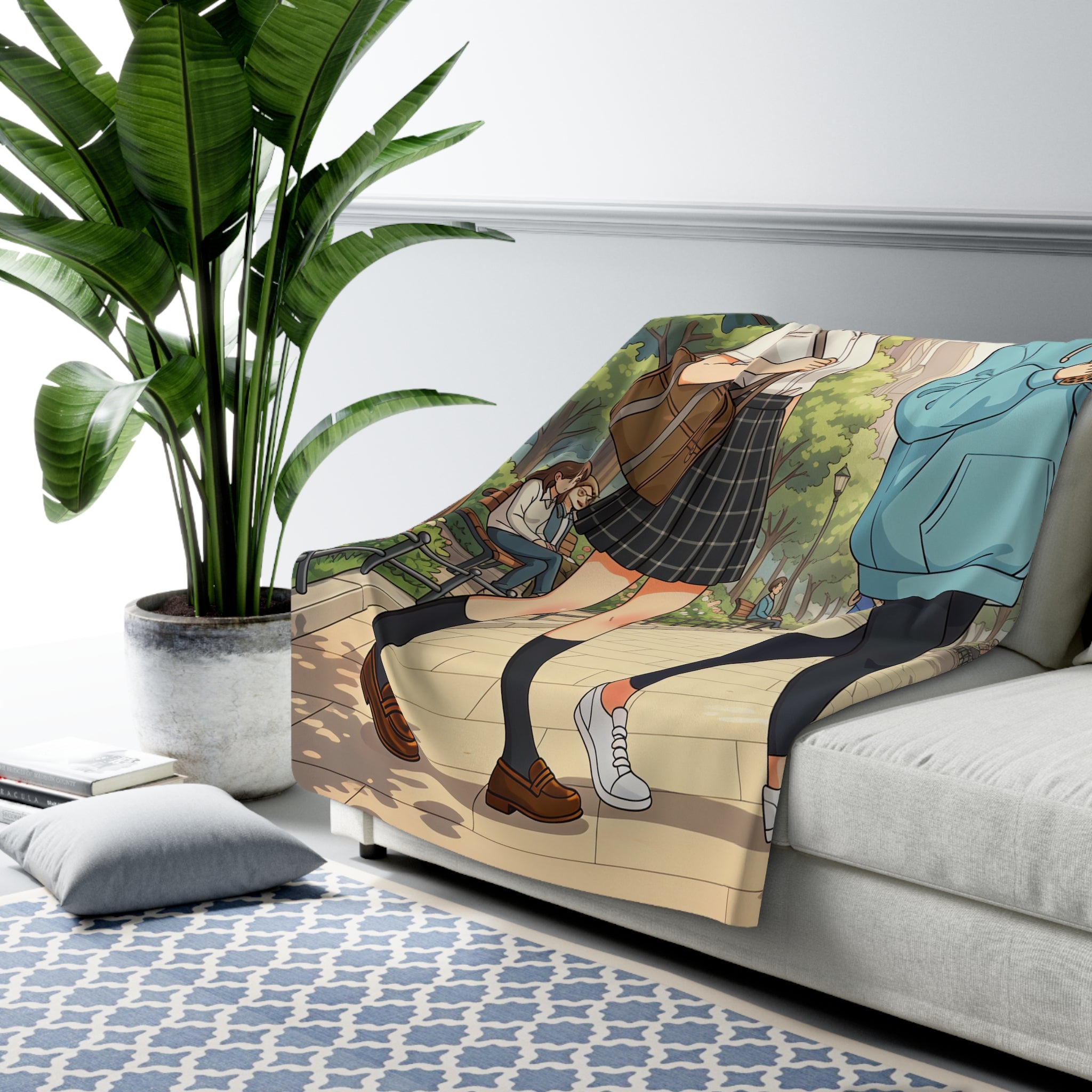 Cherry Blossom Walk Anime Sherpa Blanket – Cozy Slice of Life Park Scene