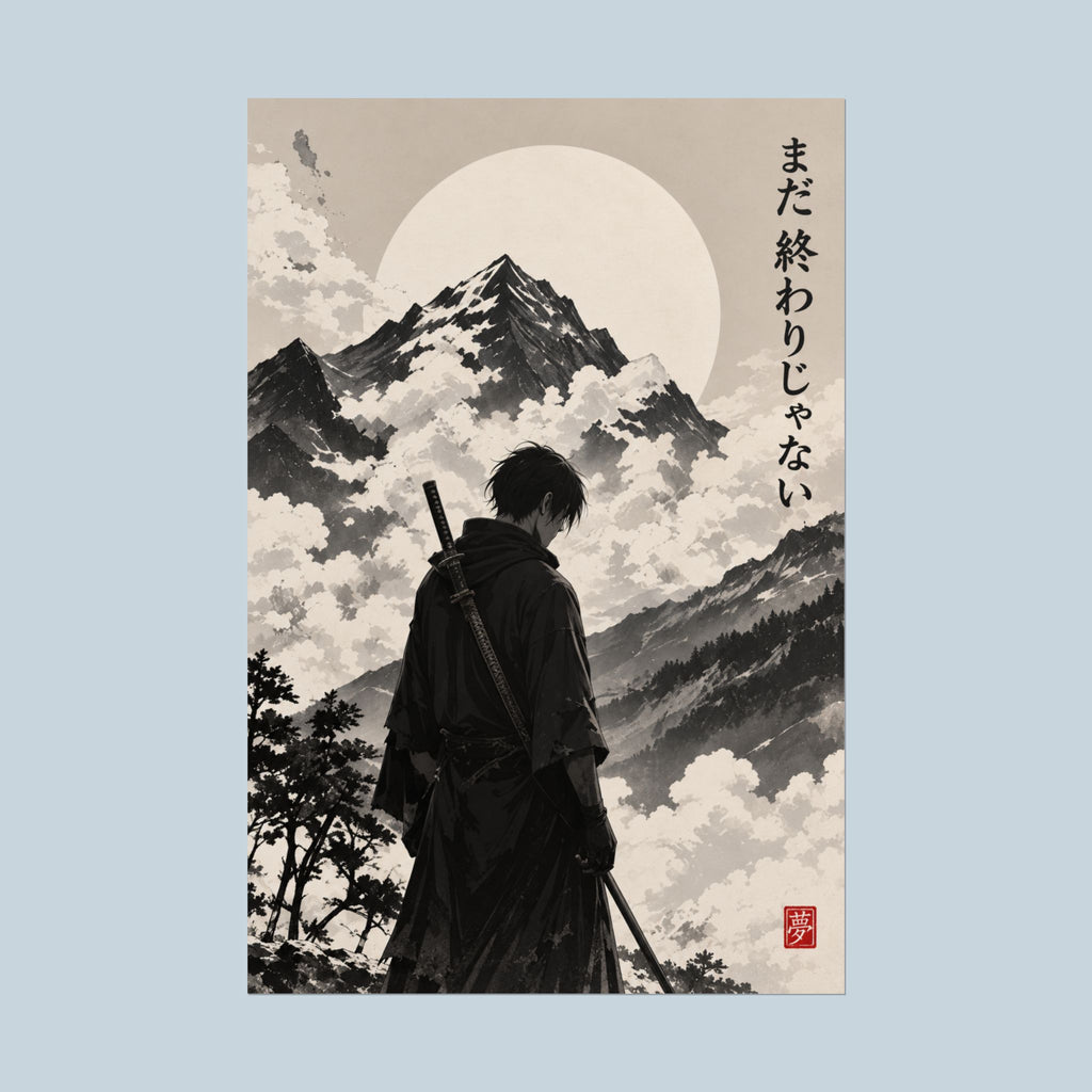 Samurai Under the Pale Mountain Moon Japanese Anime Art Poster