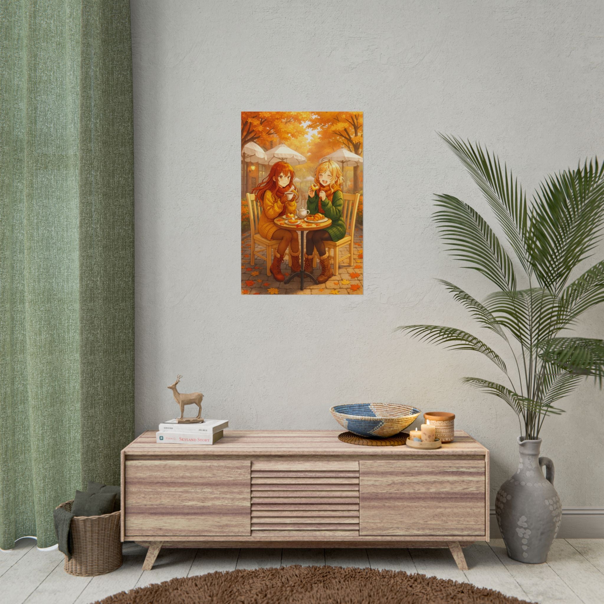 Autumn Café Anime Poster Cozy Slice of Life Fall Wall Art for Anime Fans and Collectors