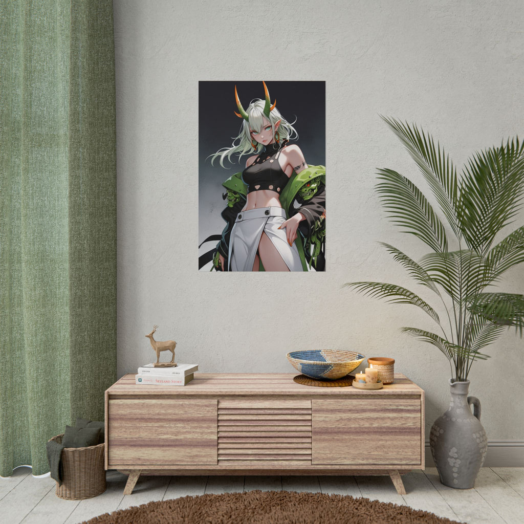 Green Oni Demon Girl Anime Poster – Horror Pin Up Wall Art, Toxic Yokai Streetwear Fantasy Print, Horned Anime Girl Collector Poster | Epic Anime Apparel