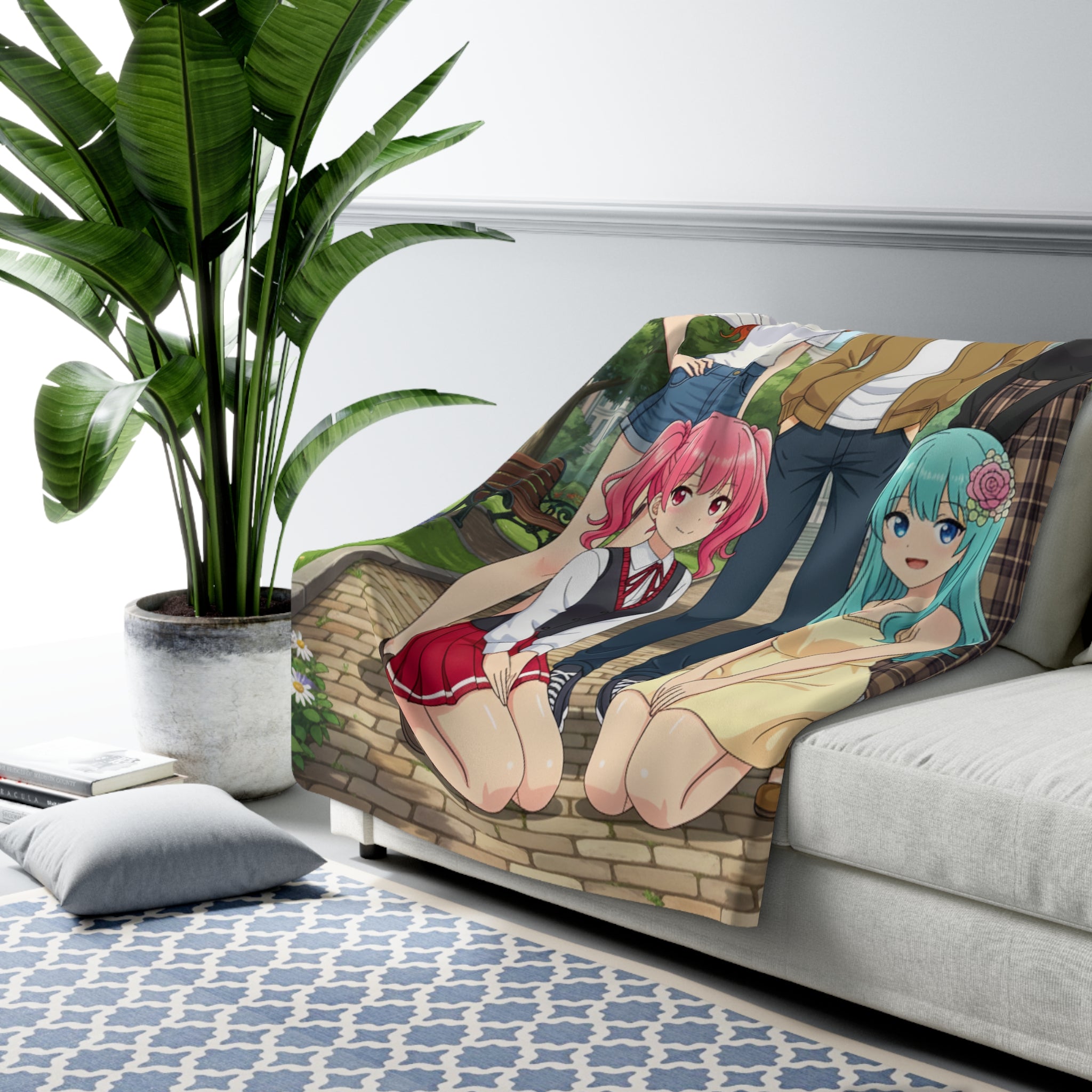 Anime Character Group Sherpa Blanket Cozy Colorful Park Scene Soft Fleece Throw for Anime Fans
