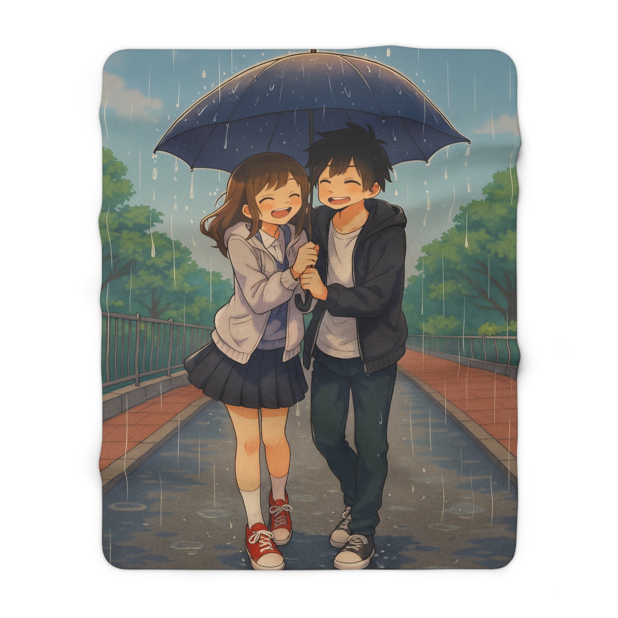 Romantic Anime Sherpa Blanket Rainy Day Couple Cozy Fleece Throw Gift for Manga Fans