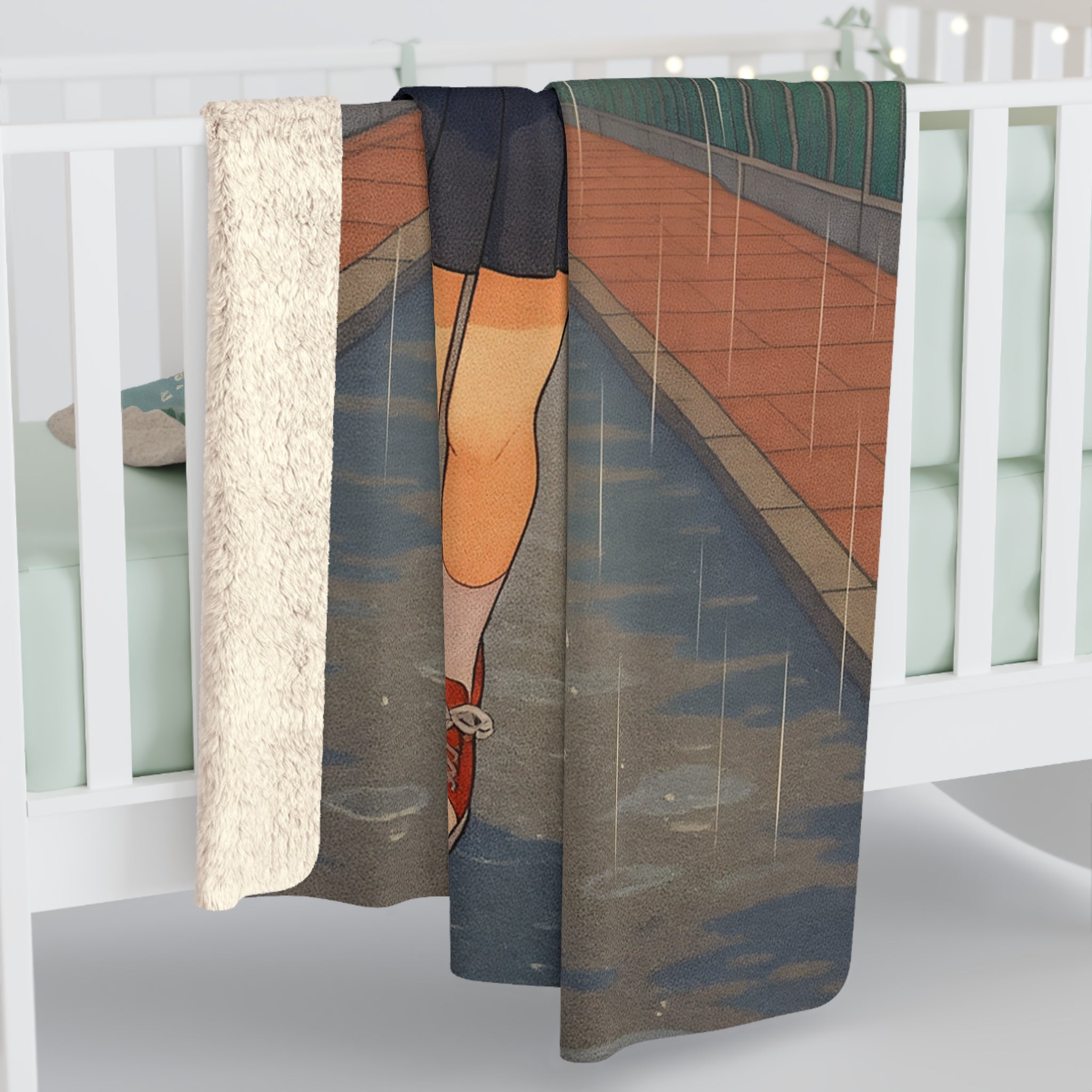 Romantic Anime Sherpa Blanket Rainy Day Couple Cozy Fleece Throw Gift for Manga Fans