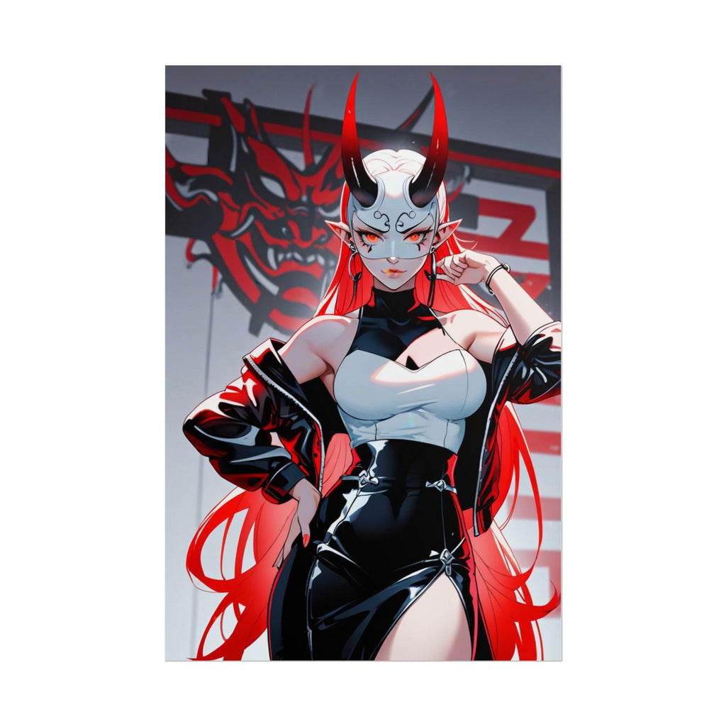 Oni Demon Girl Poster - Anime Horror Wall Art - Japanese Oni Mask Print - Sexy Pin Up Anime Decor - Cyberpunk Demon Girl Artwork - Epic Anime Apparel