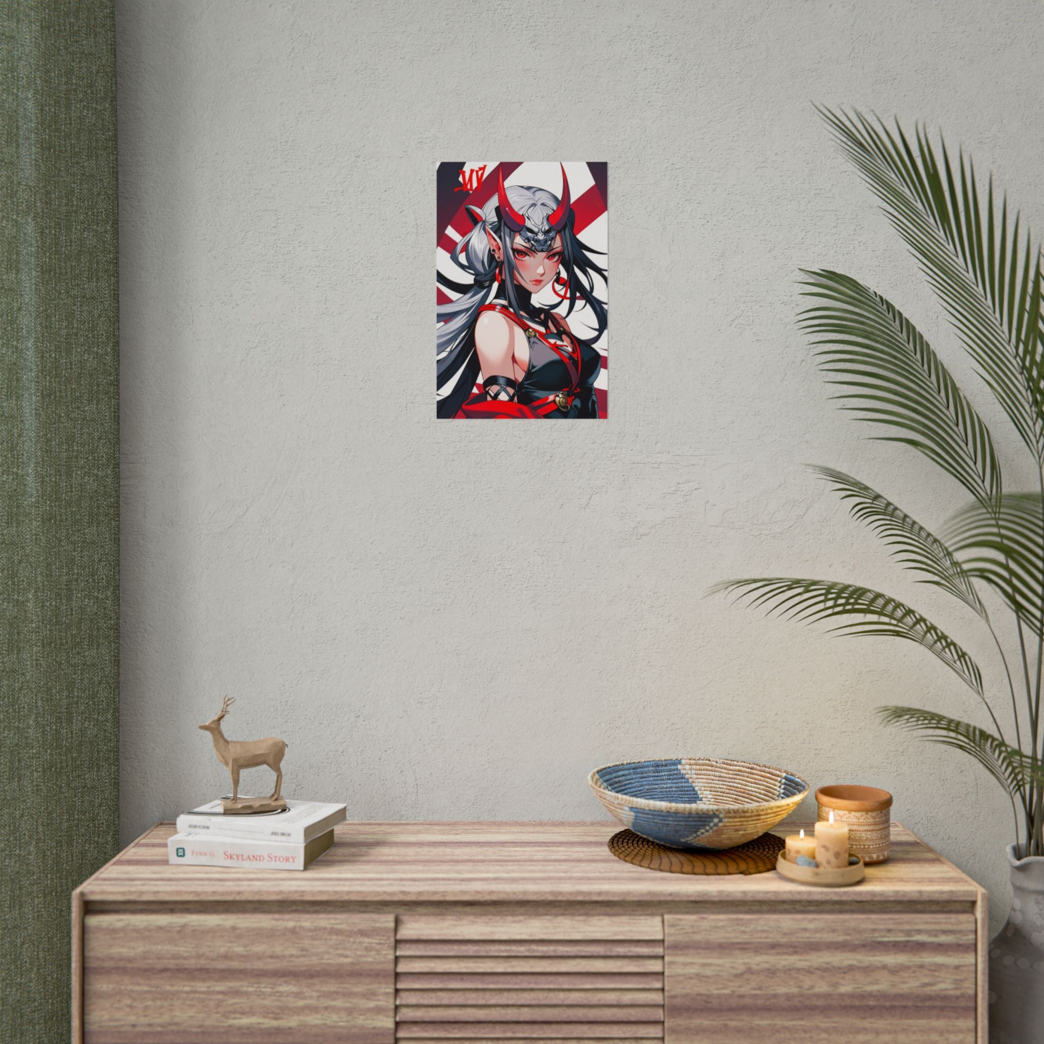 Oni Mask Demon Girl Poster – Japanese Anime Wall Art Print, Red Rising Sun Cyberpunk Decor, Sexy Manga Pin Up Demon Poster