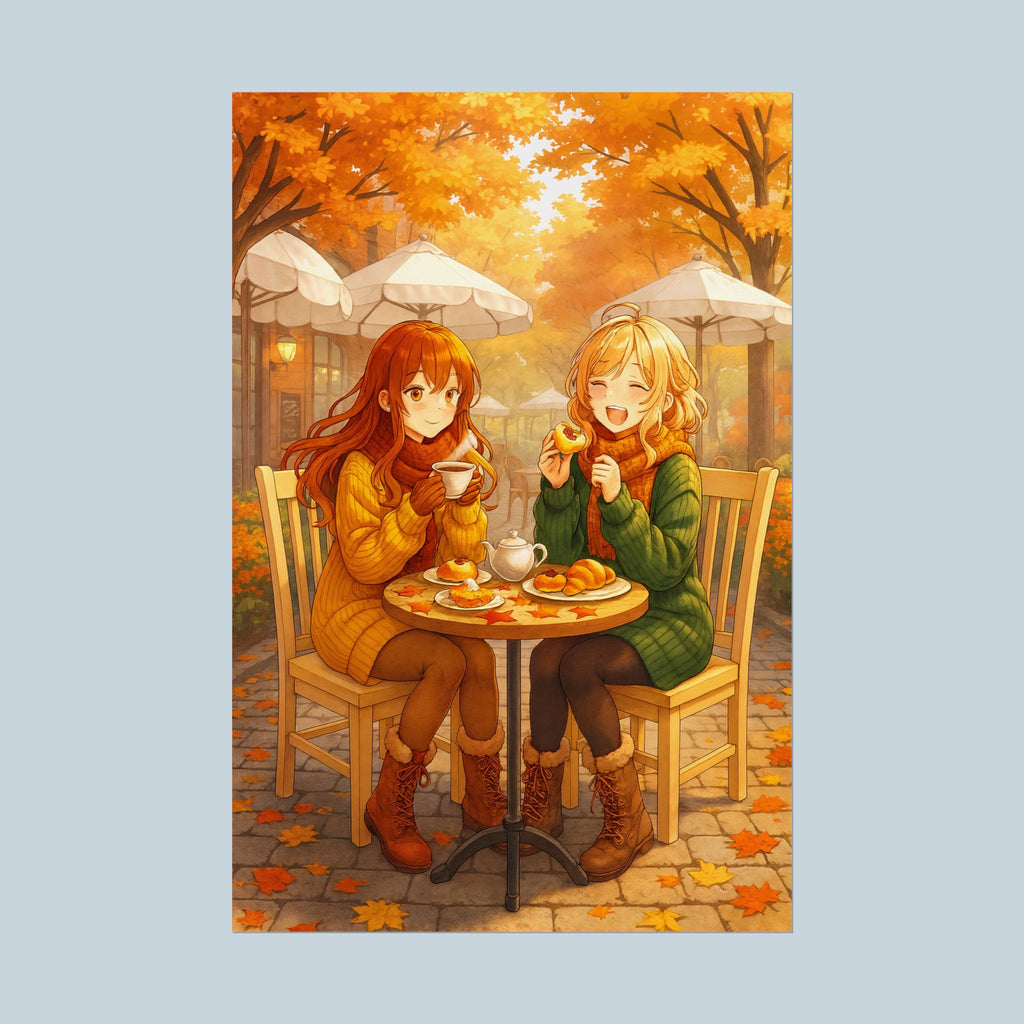 Autumn Café Anime Poster Cozy Slice of Life Fall Wall Art for Anime Fans and Collectors