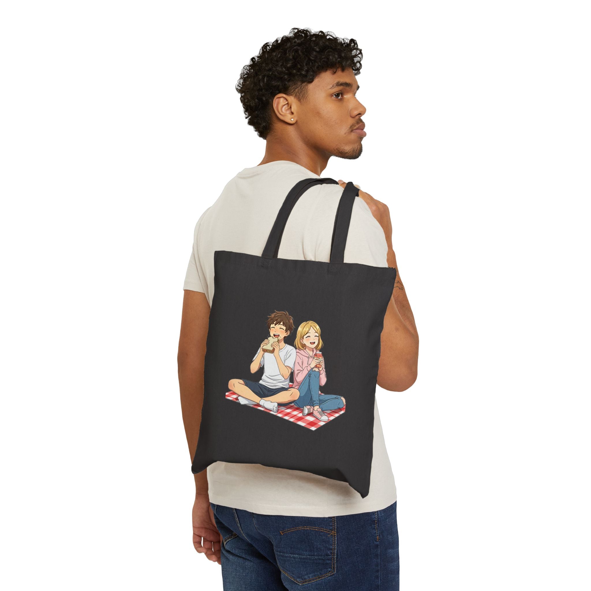 Cute Picnic Anime Couple Illustration Cotton Canvas Tote Bag