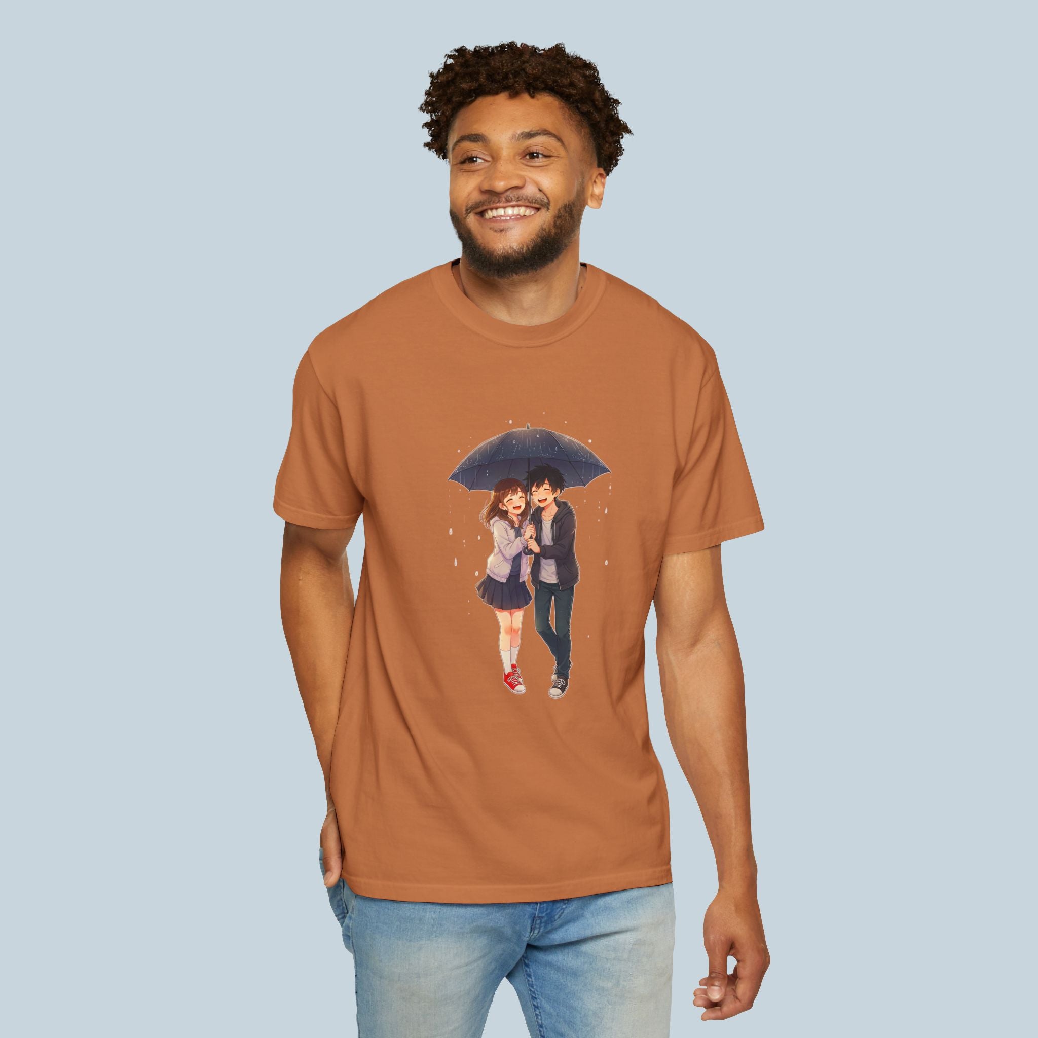 Anime Couple Under Umbrella T-Shirt Cute Romantic Japan Streetwear Comfort Colors Tee Gift for Anime Fans