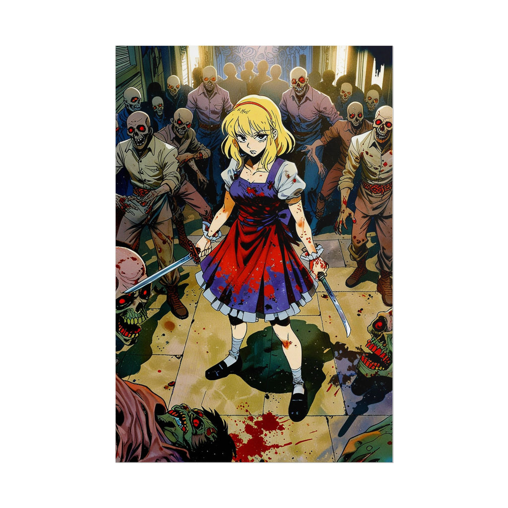Blonde Zombie Slayer Anime Poster – Retro Horror Apocalypse Wall Art, Cult Survival Anime Print, Zomba Squad Decor