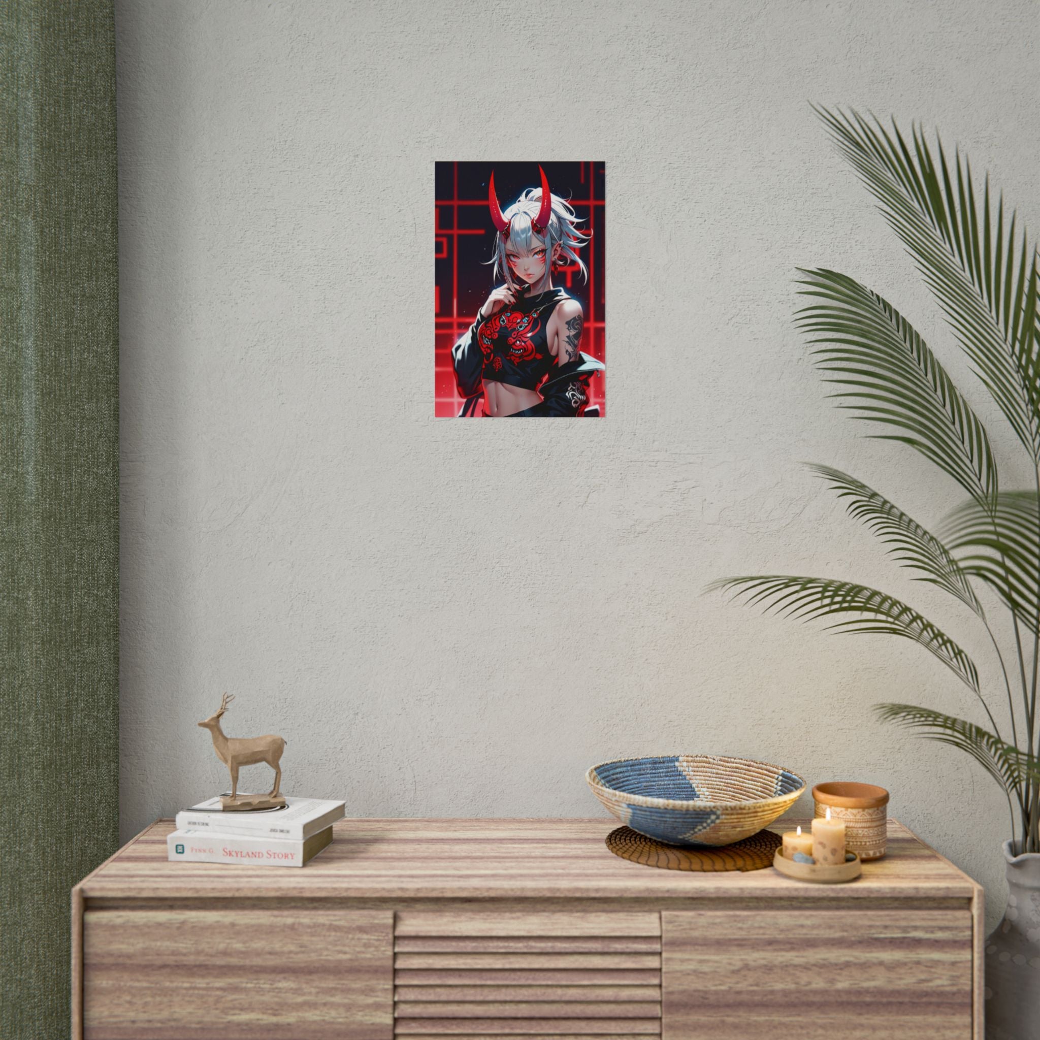 Oni Demon Girl Poster – Japanese Anime Wall Art Print, Red Neon Cyberpunk Decor, Manga Pin Up Demon Poster, Oni Mask Aesthetic Art