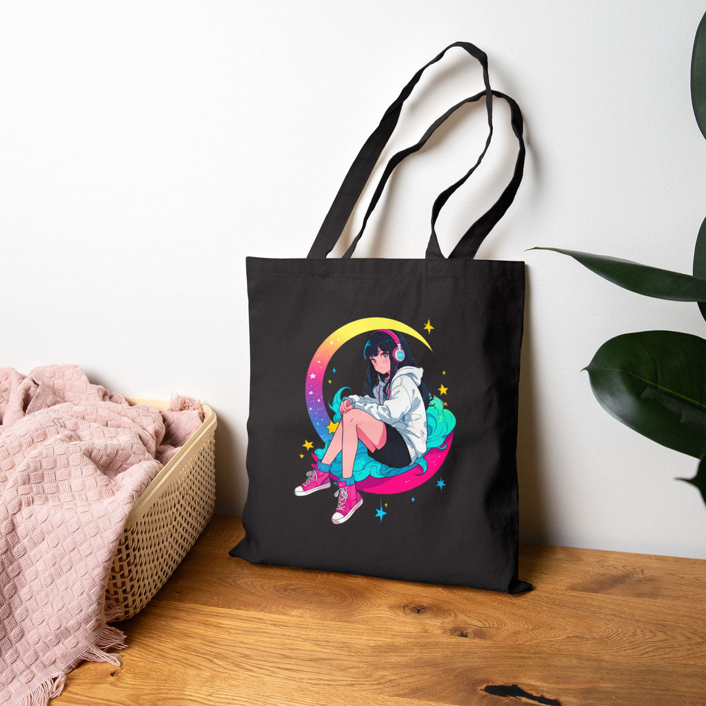 Anime Girl Moon Tote Bag Cute Aesthetic Anime Tote Cozy Pastel Art Reusable Shopping Bag