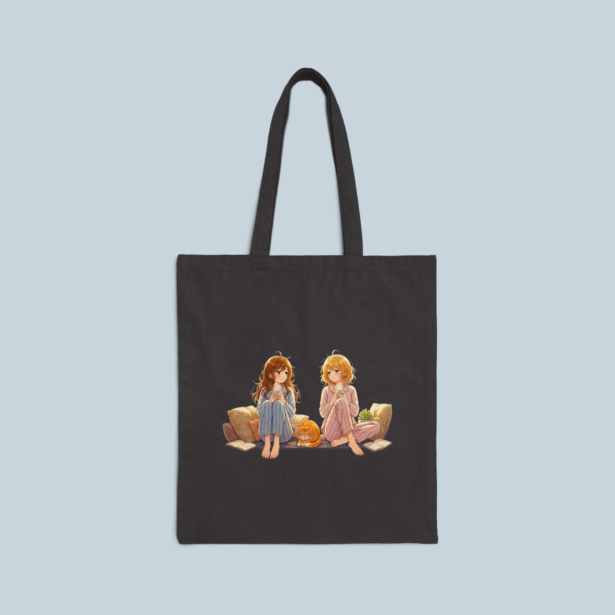 Anime Girl Tote Bag Cozy Pajama Scene with Cat Cute Kawaii Manga Style Black Cotton Canvas Gift for Anime Lovers