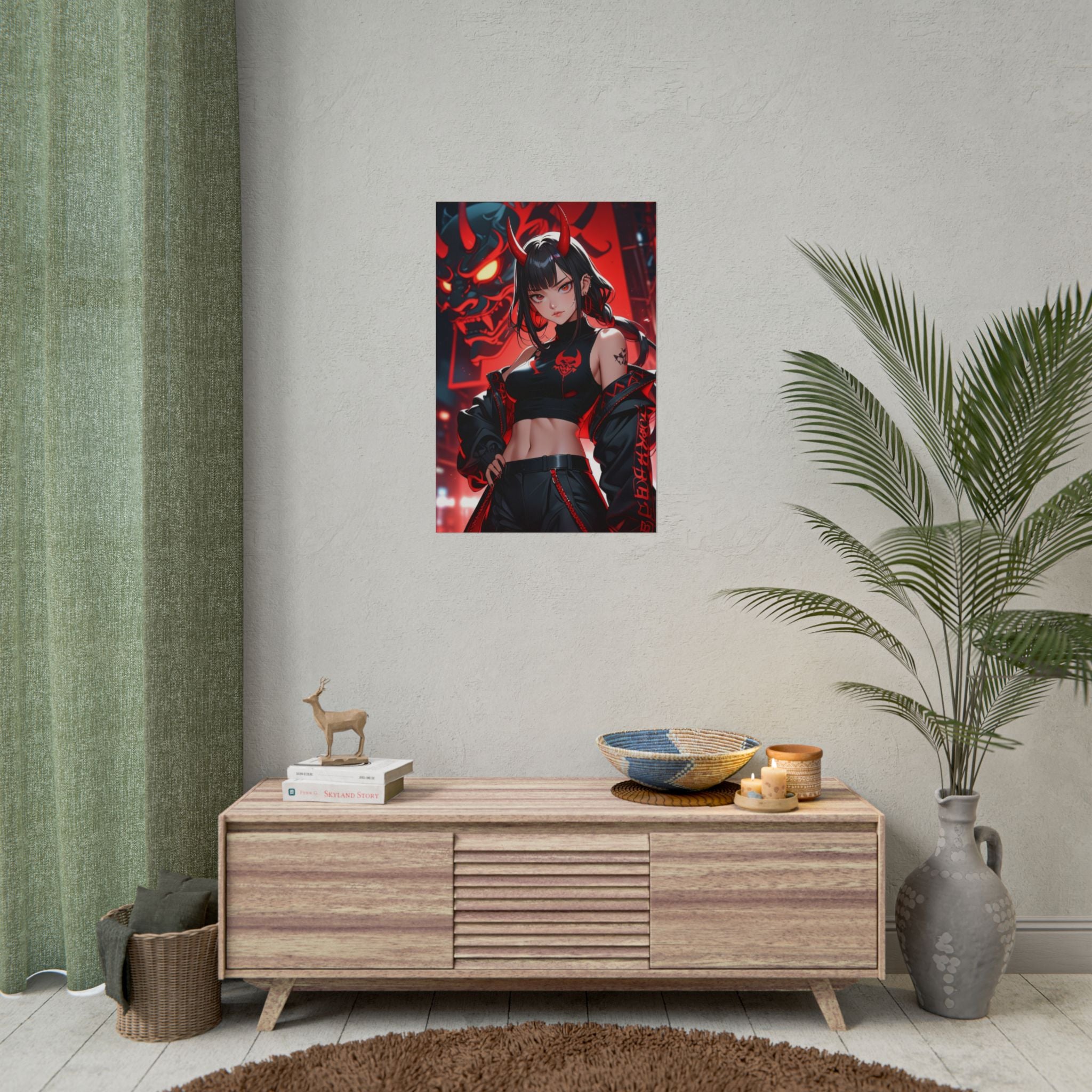 Queen of the Oni Masks Poster – Dark Cyberpunk Oni Demon Girl Wall Art, Anime Horror Print, Japanese Mask Fantasy Decor