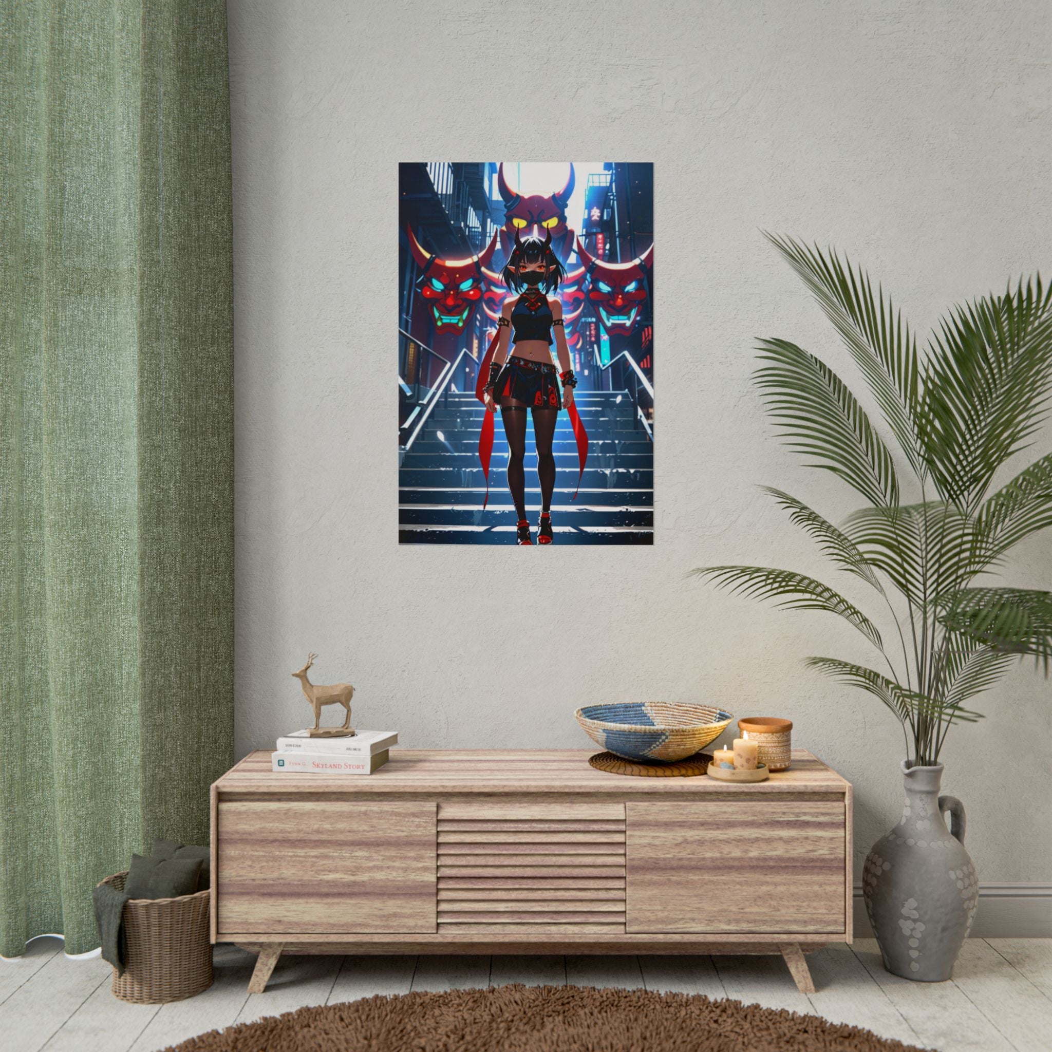 Queen of the Oni Masks Anime Poster - Horror Demon Girl Wall Art - Japanese Oni Mask Print - Dark Fantasy Anime Decor - Neon Cyberpunk Oni Girl Poster - Epic Anime Apparel