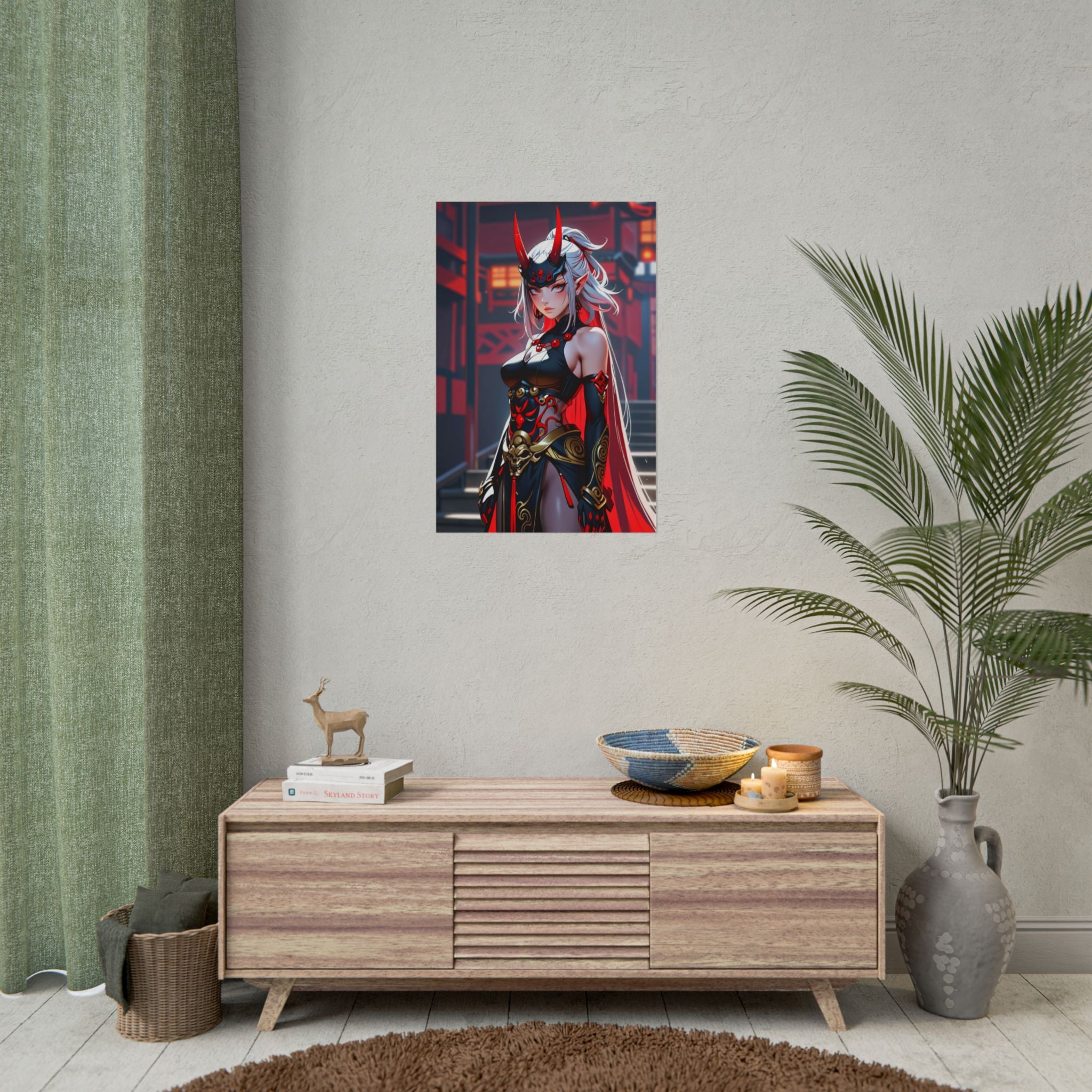 Oni Demon Girl Poster - Anime Pin Up Wall Art - Japanese Horror Fantasy Print - Sexy Demon Mask Art - Cyberpunk Oni Warrior Decor - Epic Anime Apparel