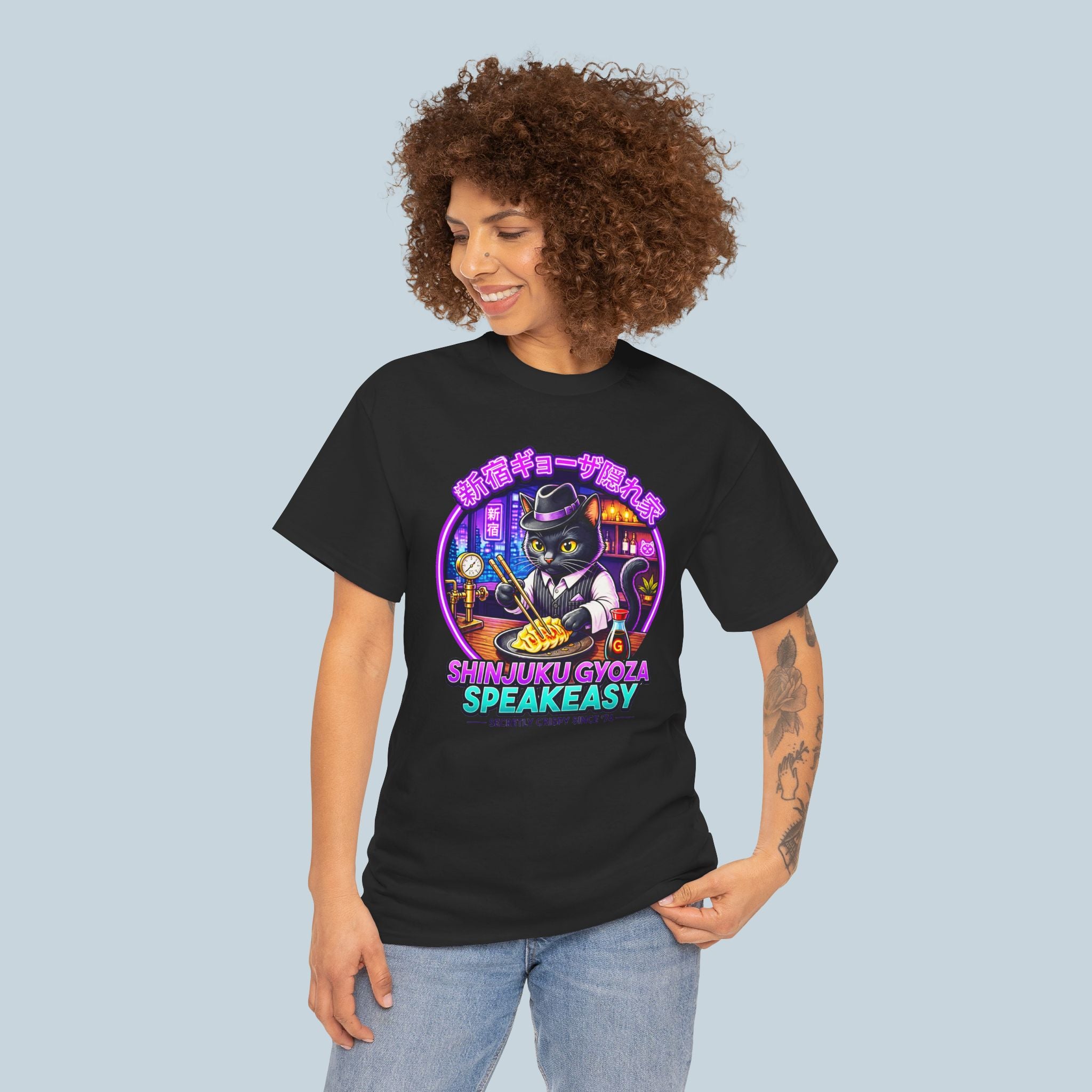 Shinjuku Gyoza Speakeasy T Shirt Neon Anime Cat Shirt Japanese Streetwear Cyberpunk Foodie Graphic Tee