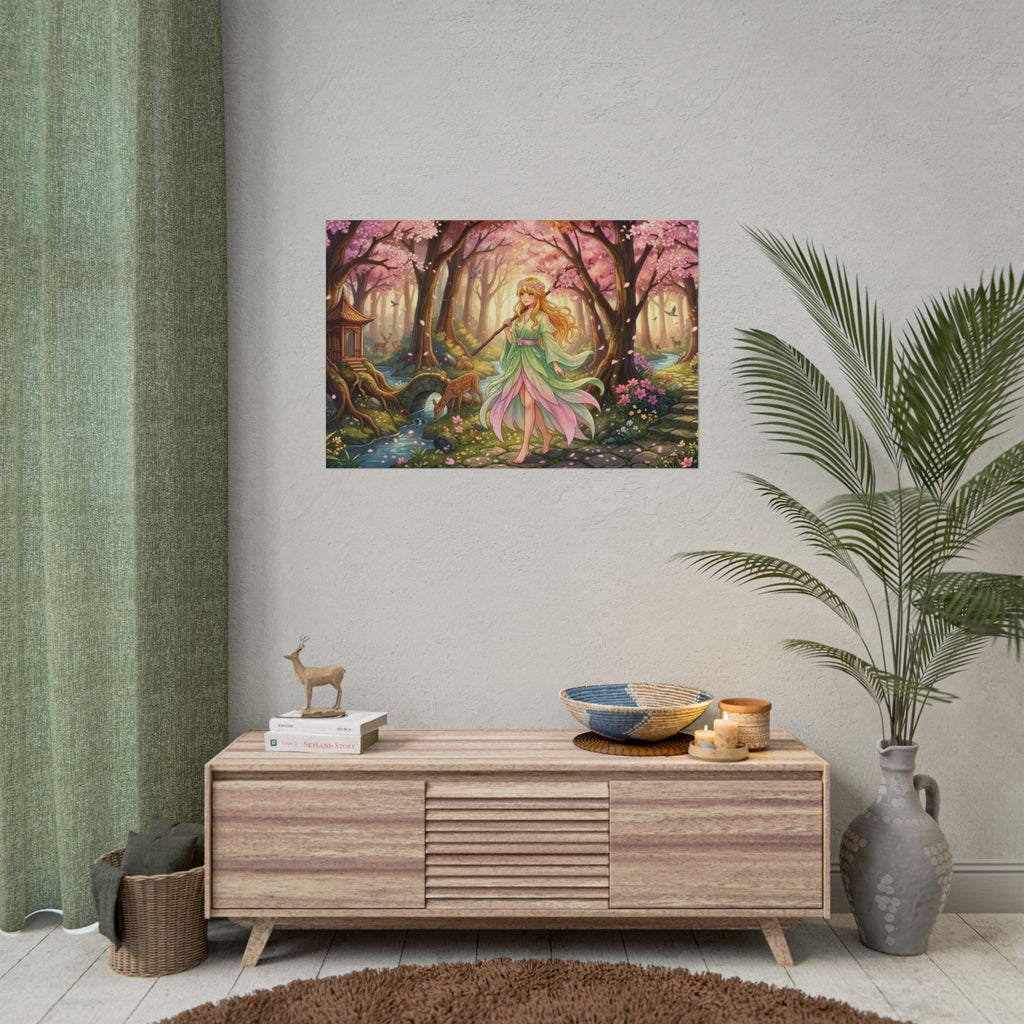 Cherry Blossom Forest Anime Poster – Spring Fantasy Girl Art Print, Sakura Woodland Scene, Nature Anime Wall Decor, Pastel Fairy Aesthetic