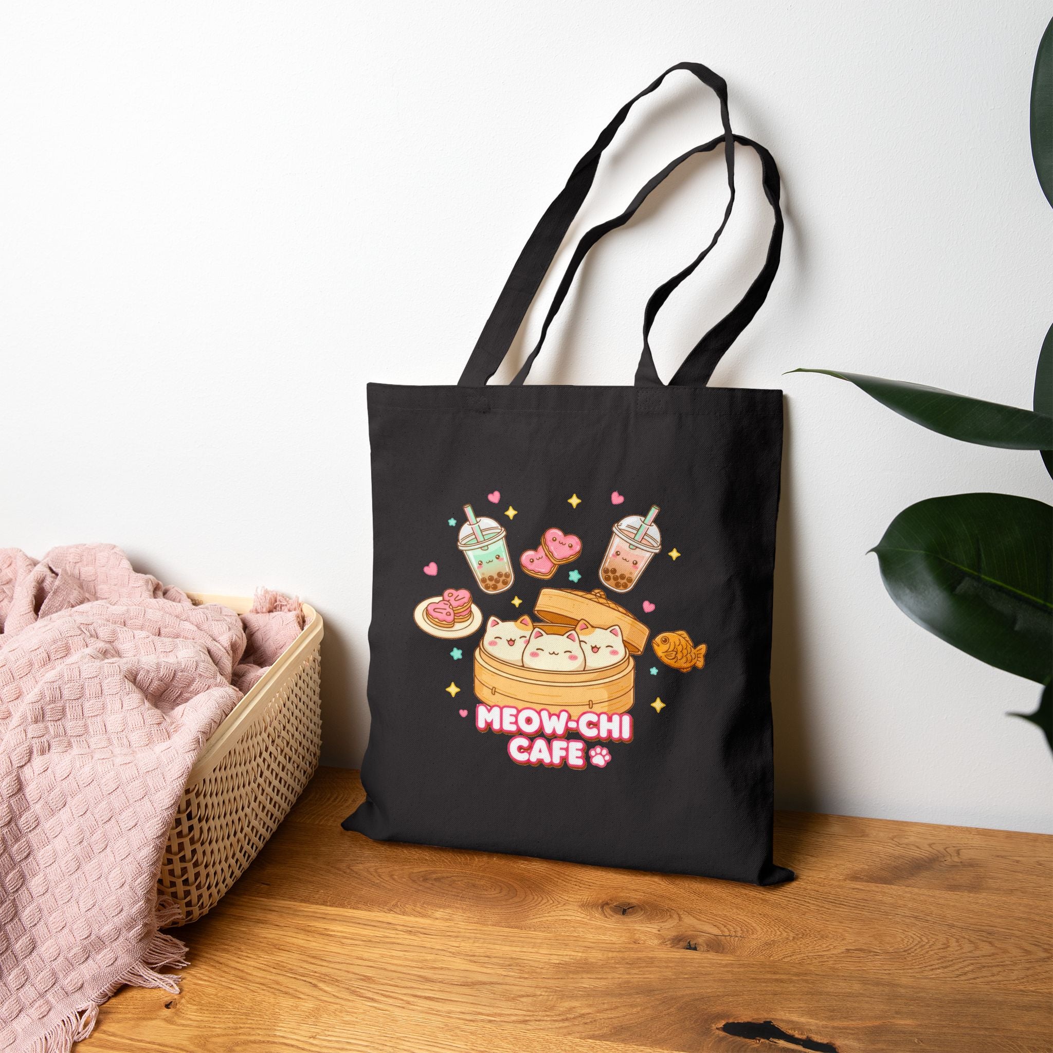Meow-Chu Café Canvas Tote Bag — Cute Cat Bubble Tea & Pastry Market Tote