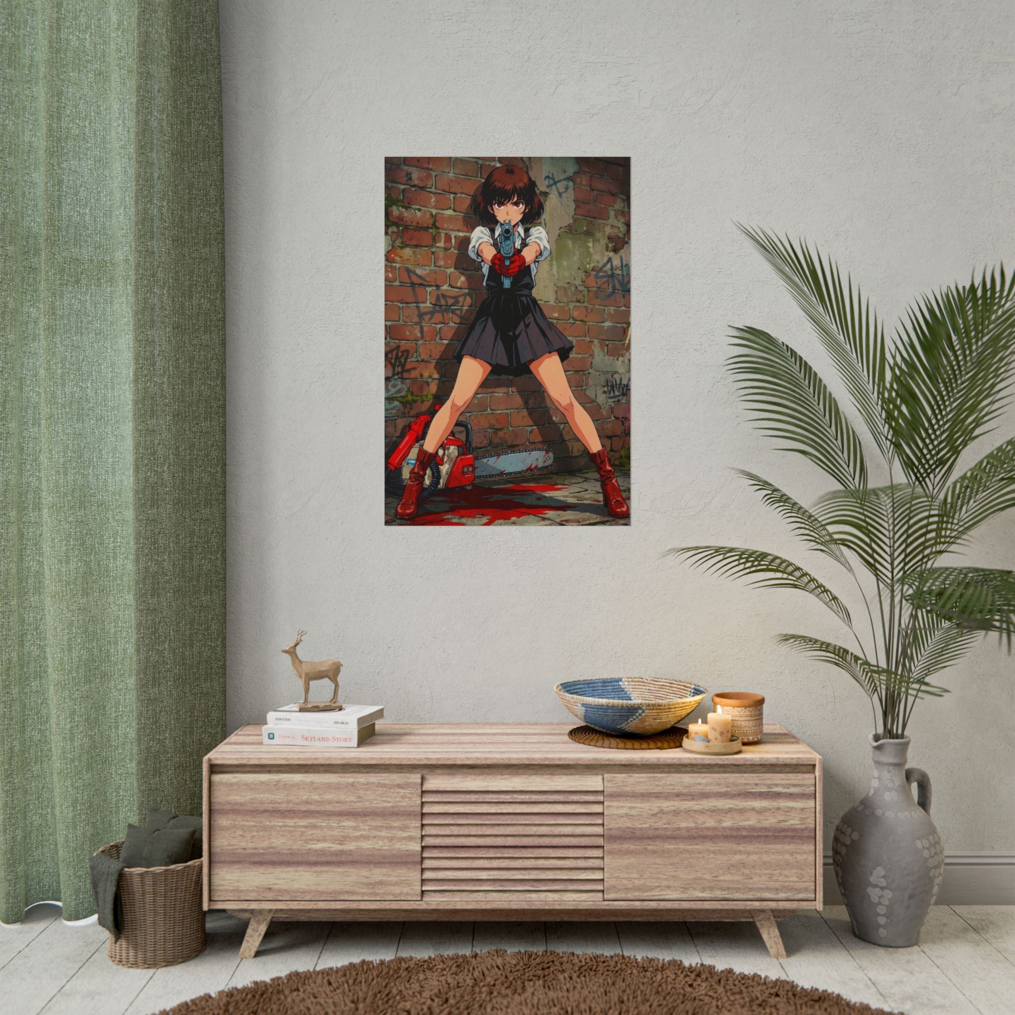 Rika Minazuki Zombie Apocalypse Anime Poster, Zomba Squad Horror Manga Wall Art, Chainsaw Survivor Girl Print, Japanese Zombie Hunter Decor, Retro Grindhouse Anime Poster
