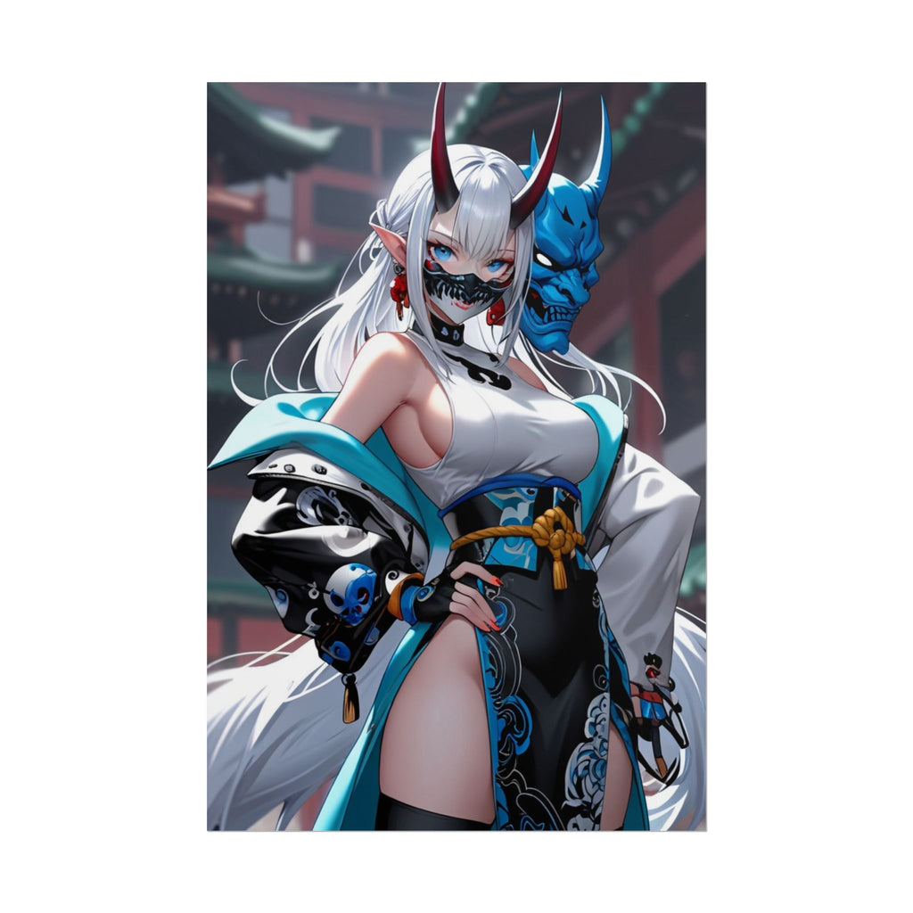 Oni Mask Anime Poster – Cyber Demon Girl Wall Art, Japanese Yokai Streetwear Aesthetic Print, Blue Oni Mask Fantasy Artwork, Collector Poster | Epic Anime Apparel