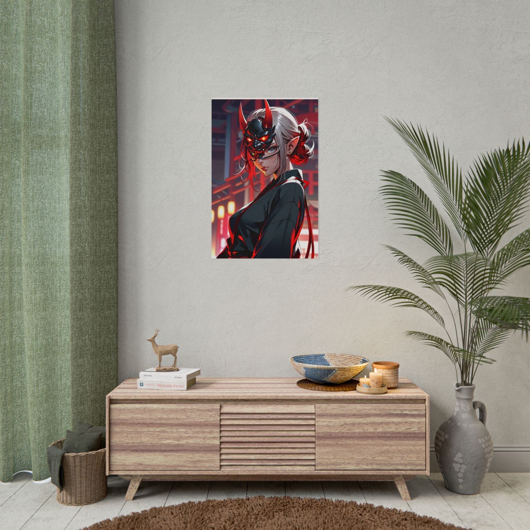 Oni Mask Demon Girl Poster – Cyberpunk Anime Wall Art Print, Japanese Horror Decor, Sexy Pin Up Manga Demon Poster