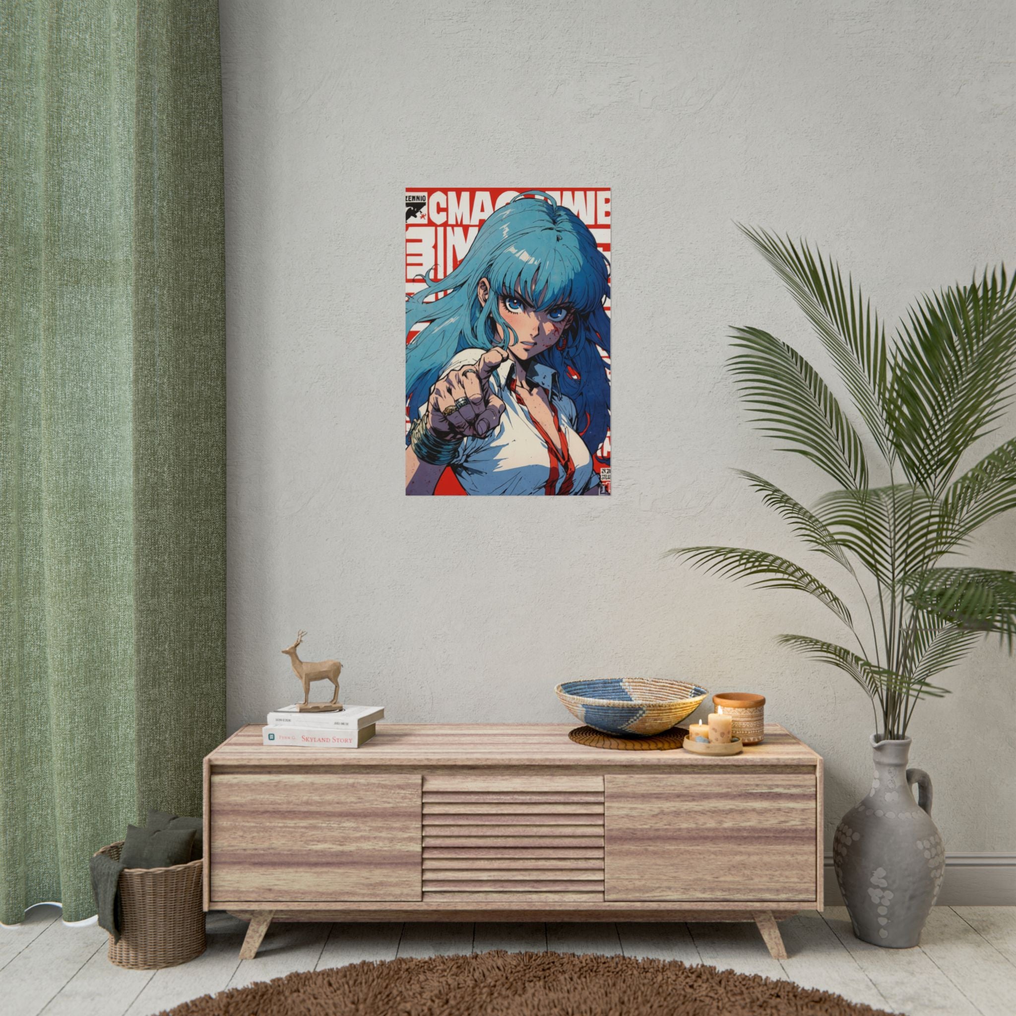 Retro Anime Grindhouse Poster, Blue Haired Survivor Girl Wall Art, Pulp Horror Manga Print, Zombie Apocalypse Anime Decor, Gamer Room Poster