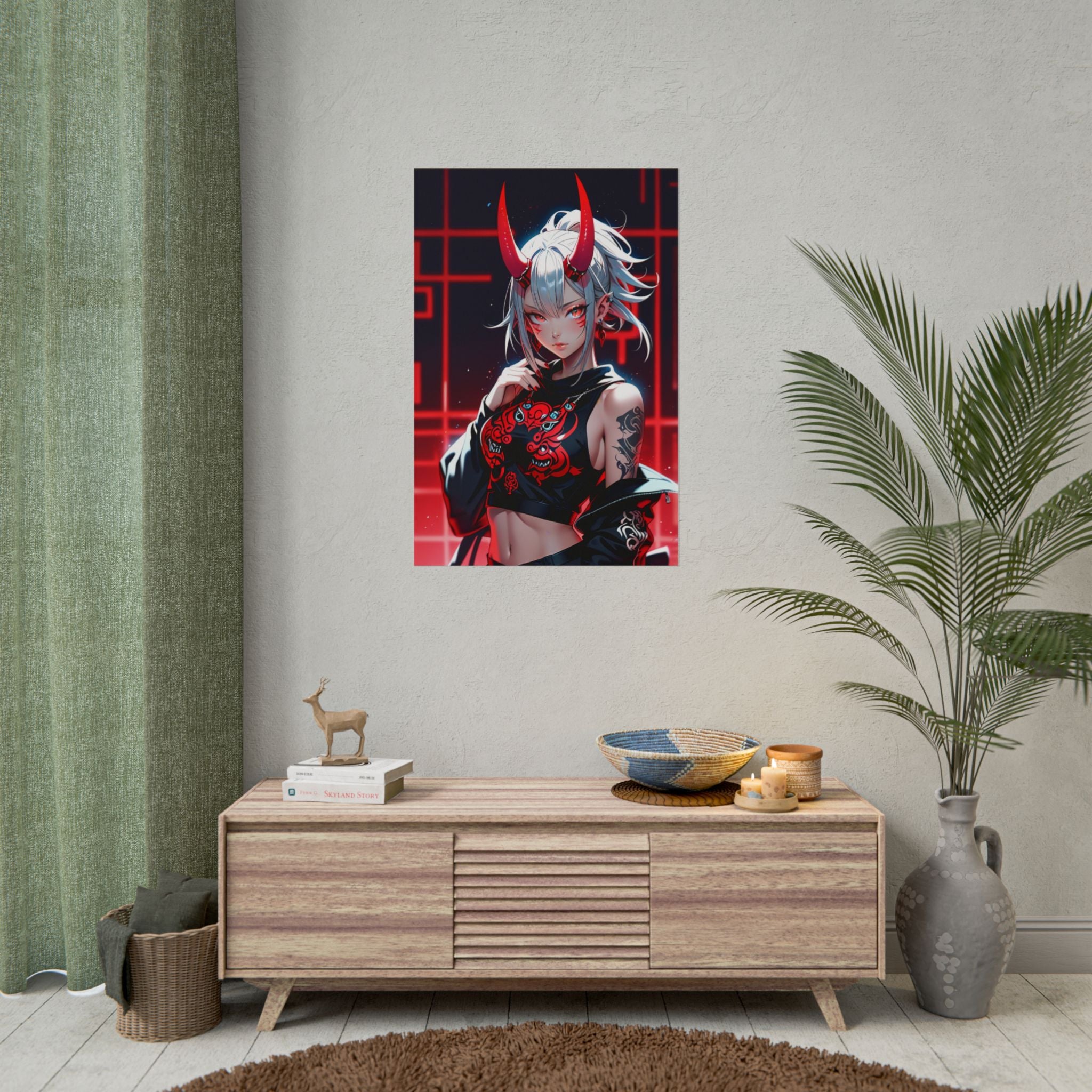 Oni Demon Girl Poster – Japanese Anime Wall Art Print, Red Neon Cyberpunk Decor, Manga Pin Up Demon Poster, Oni Mask Aesthetic Art