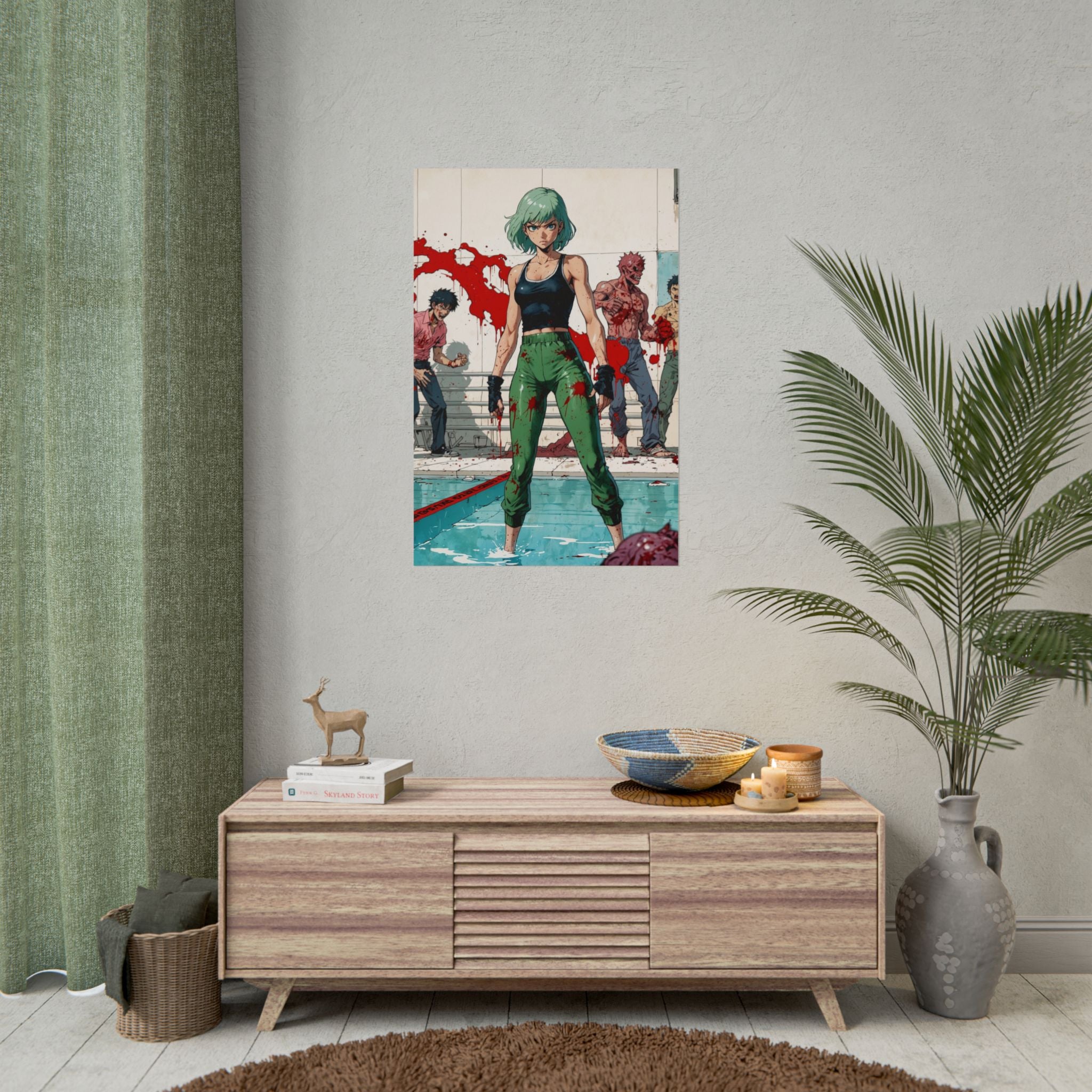 Zombie Pool Survivor Anime Poster – Horror Manga Wall Art, Retro Apocalypse Print, Collector Decor, Gamer Room Poster