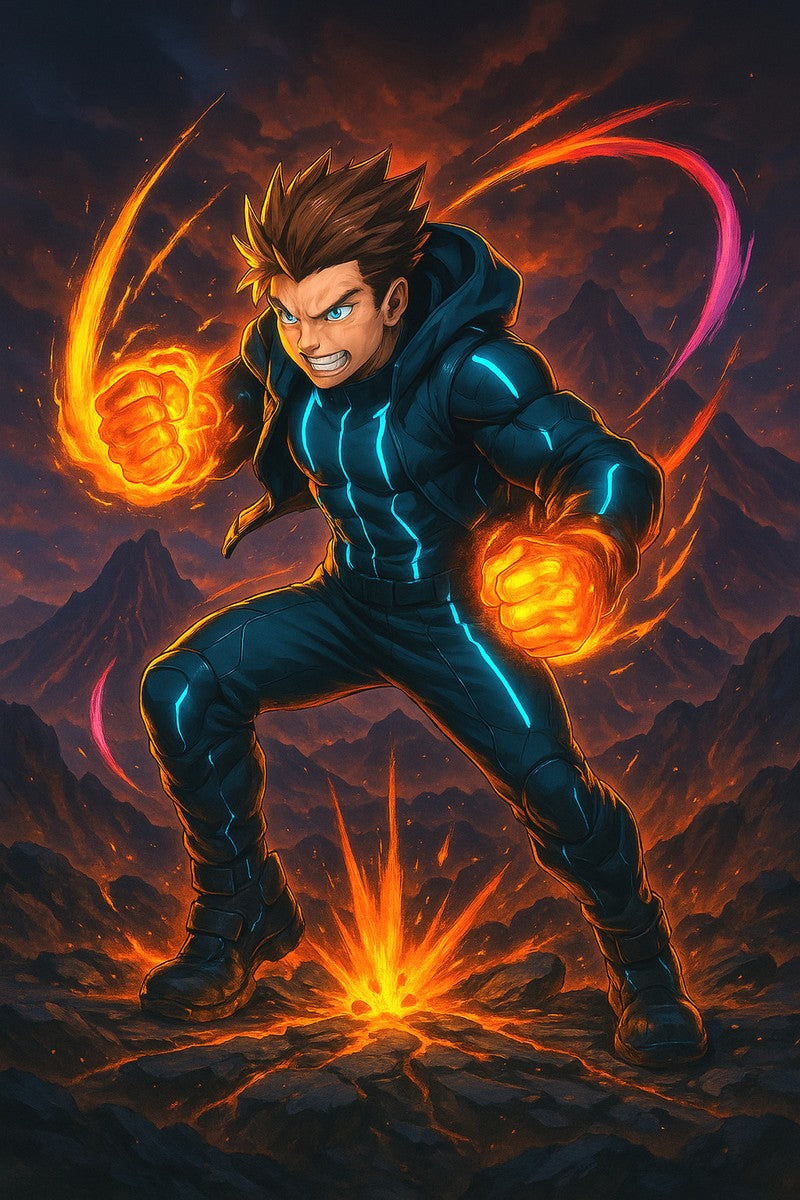 Anime Fire Power Poster Neon Glow Wall Art Futuristic Warrior Print Gift for Gamers and Anime Lovers