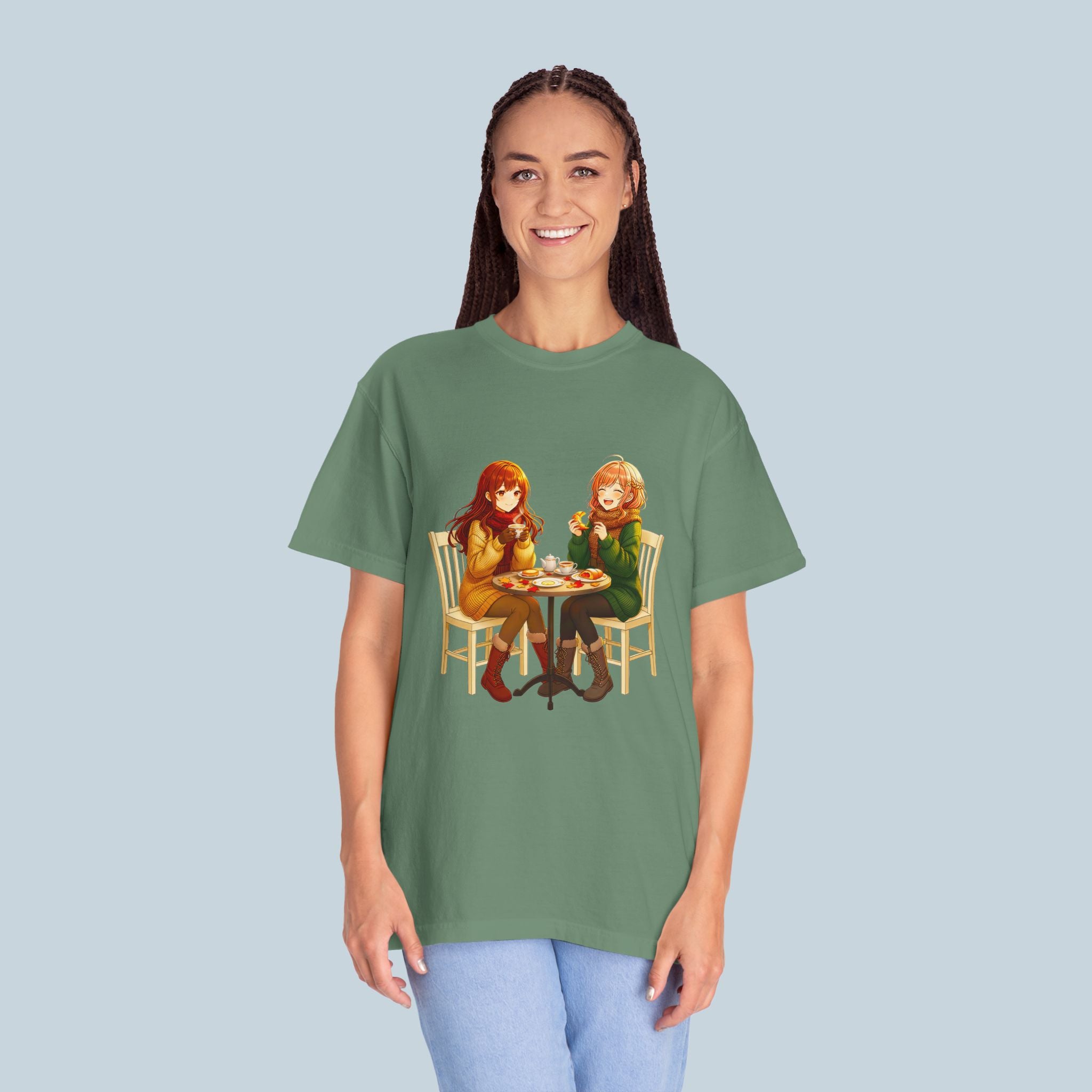 Anime Café Girls T-Shirt Comfort Colors Cute Autumn Friends Shirt Kawaii Manga Style Gift for Anime Lovers and Foodies