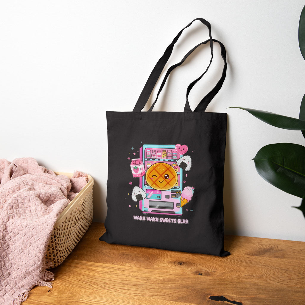 Kawaii Vending Machine Cotton Canvas Tote — "Waku Waku Sweets Club"