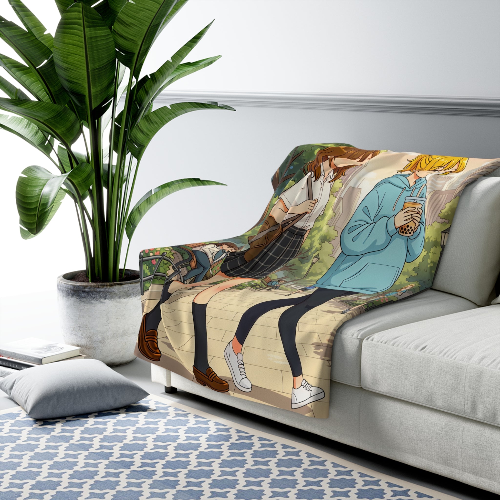 Cherry Blossom Walk Anime Sherpa Blanket – Cozy Slice of Life Park Scene